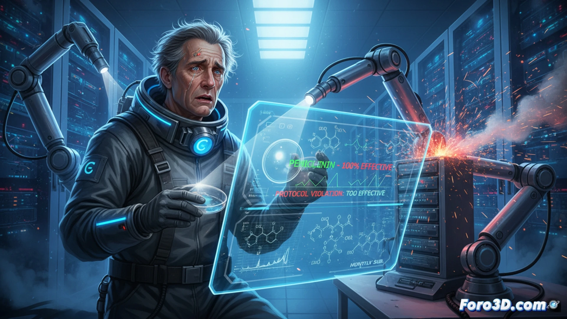 Un cerebro digital con un modelo molecular de un fármaco brillante siendo borrado por una mano robótica.