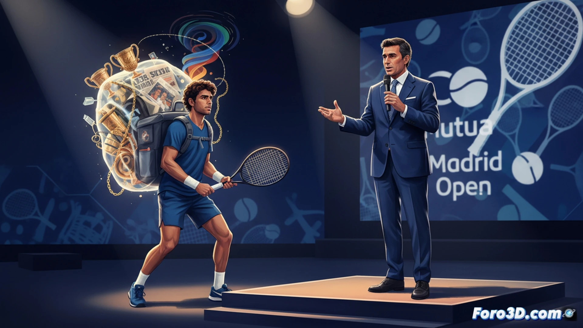 Un modelo 3D de un tenista con una mochila de pesos que representa la presion psicologica durante un partido.