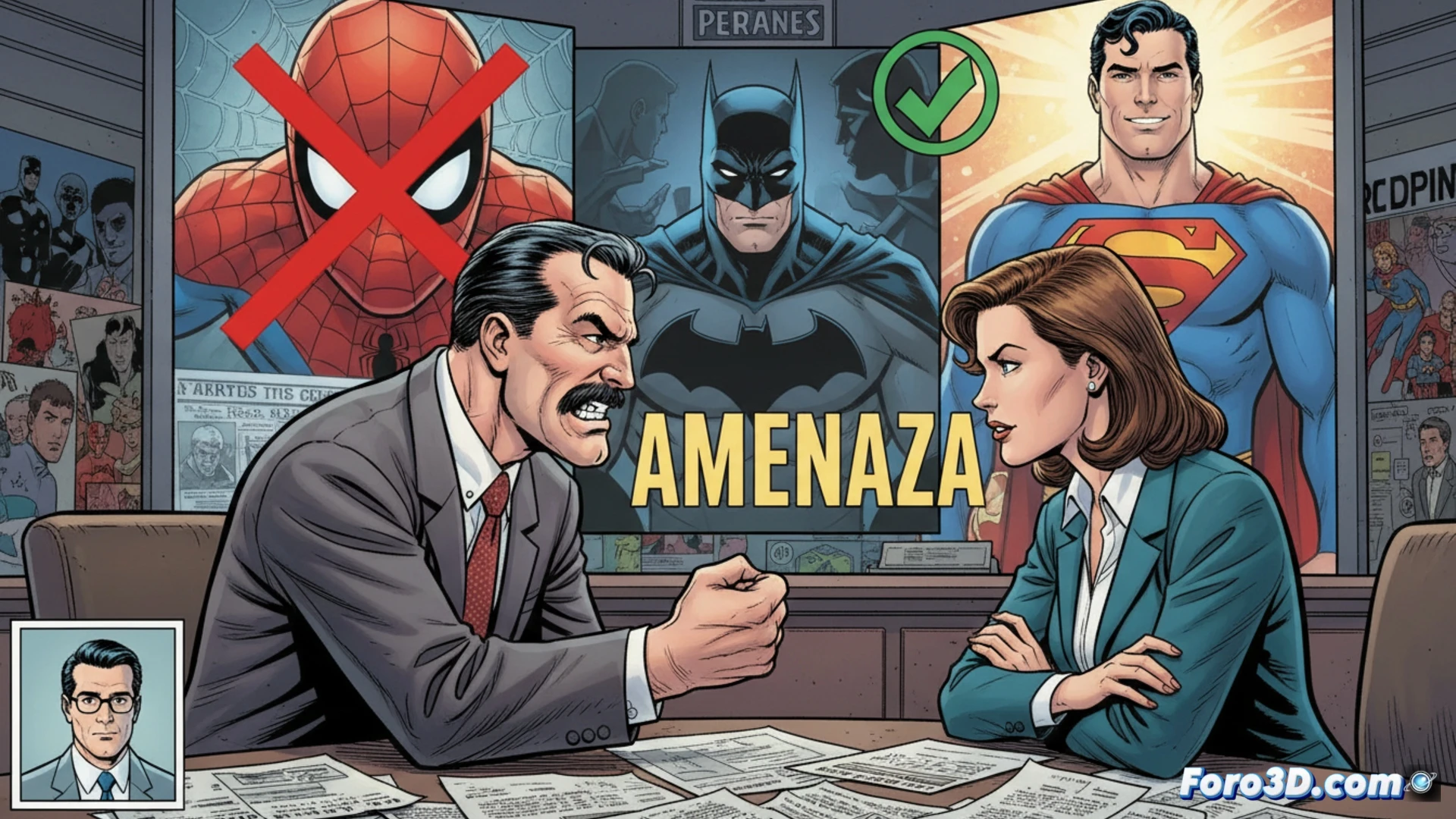 J. Jonah Jameson, editor de periódico, gesticula enfáticamente frente a un monitor que muestra titulares contra Spider-Man.