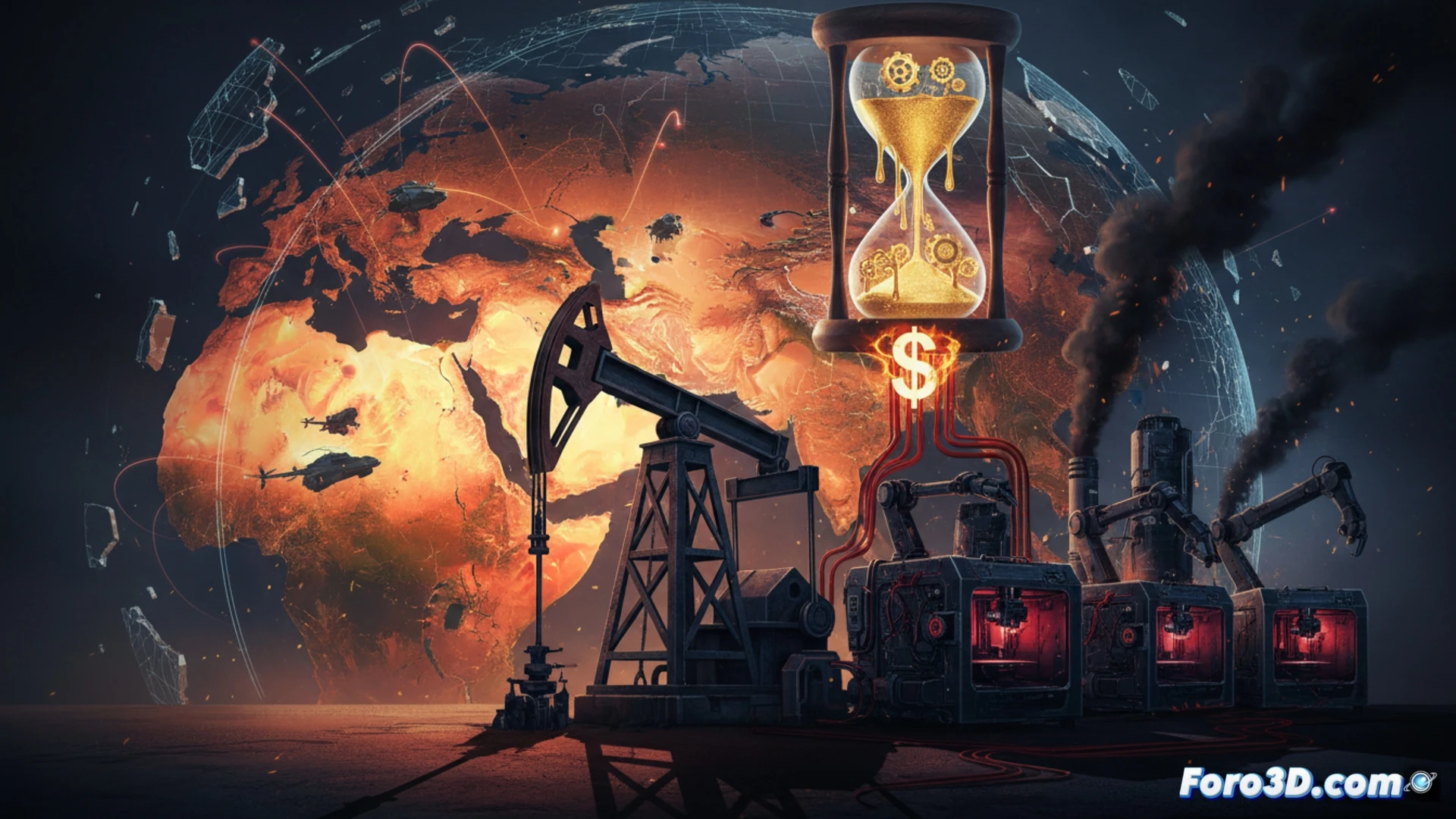 Un barril de petróleo con el precio $100+ sobre un Estrecho de Hormuz en llamas, reflejado en la pantalla de un ordenador mostrando un modelo 3D a medio renderizar.