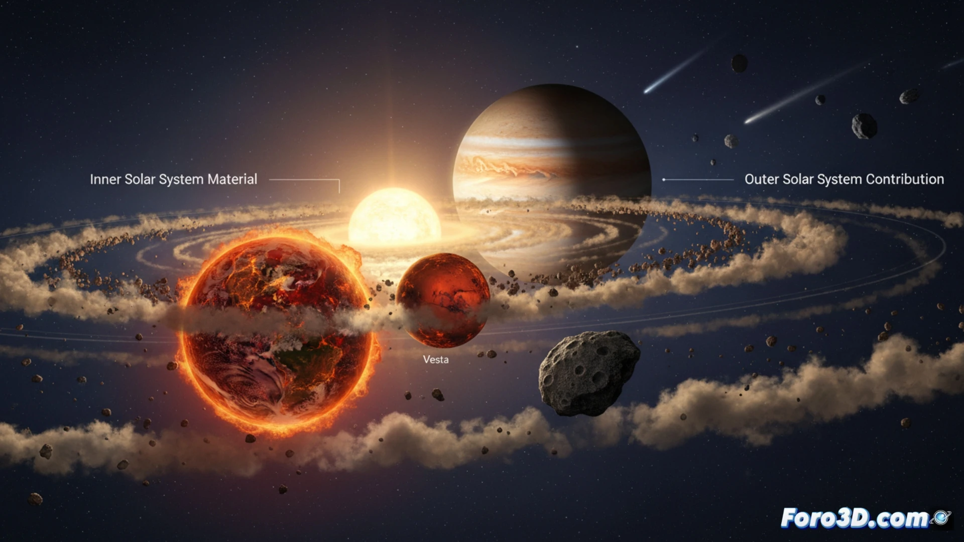 Modelo 3D que muestra la acreción de planetesimales en el sistema solar interior para formar la Tierra primitiva.