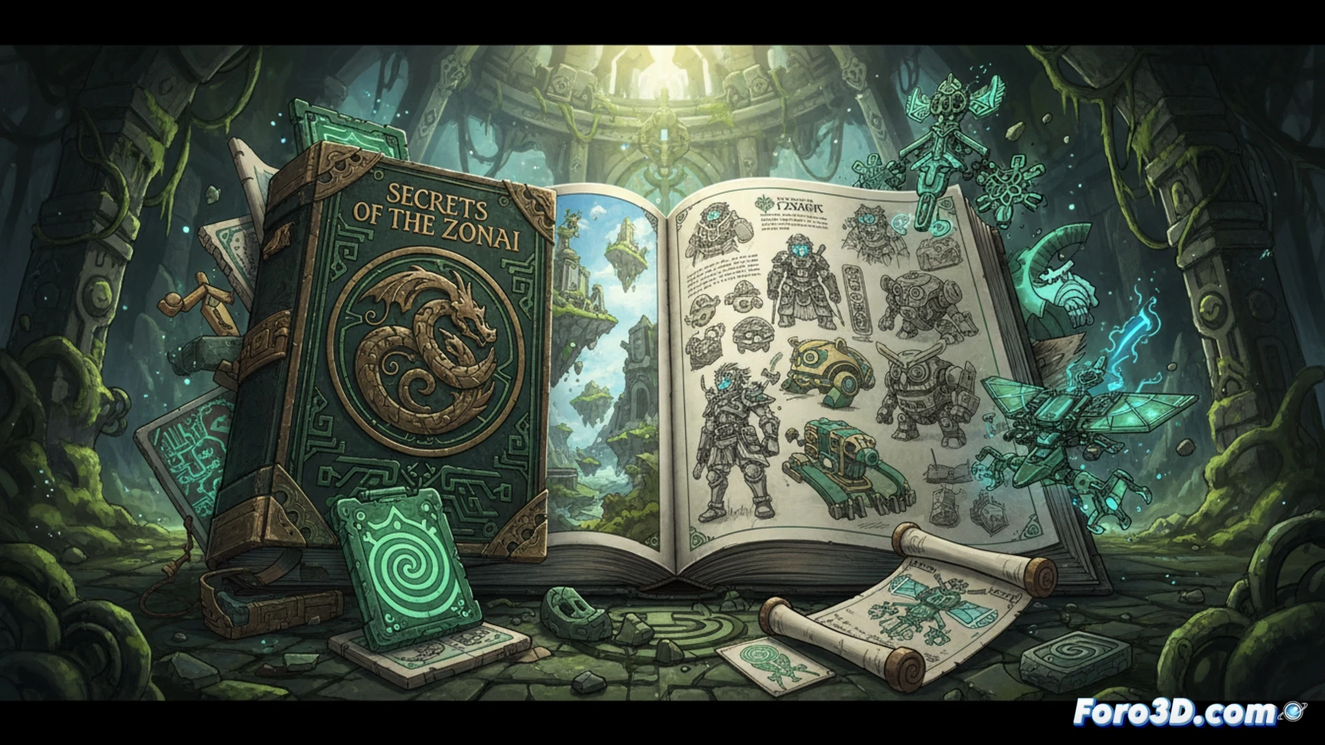 Portada del libro de arte de Zelda Tears of the Kingdom mostrando diseños Zonai y arte conceptual detallado.