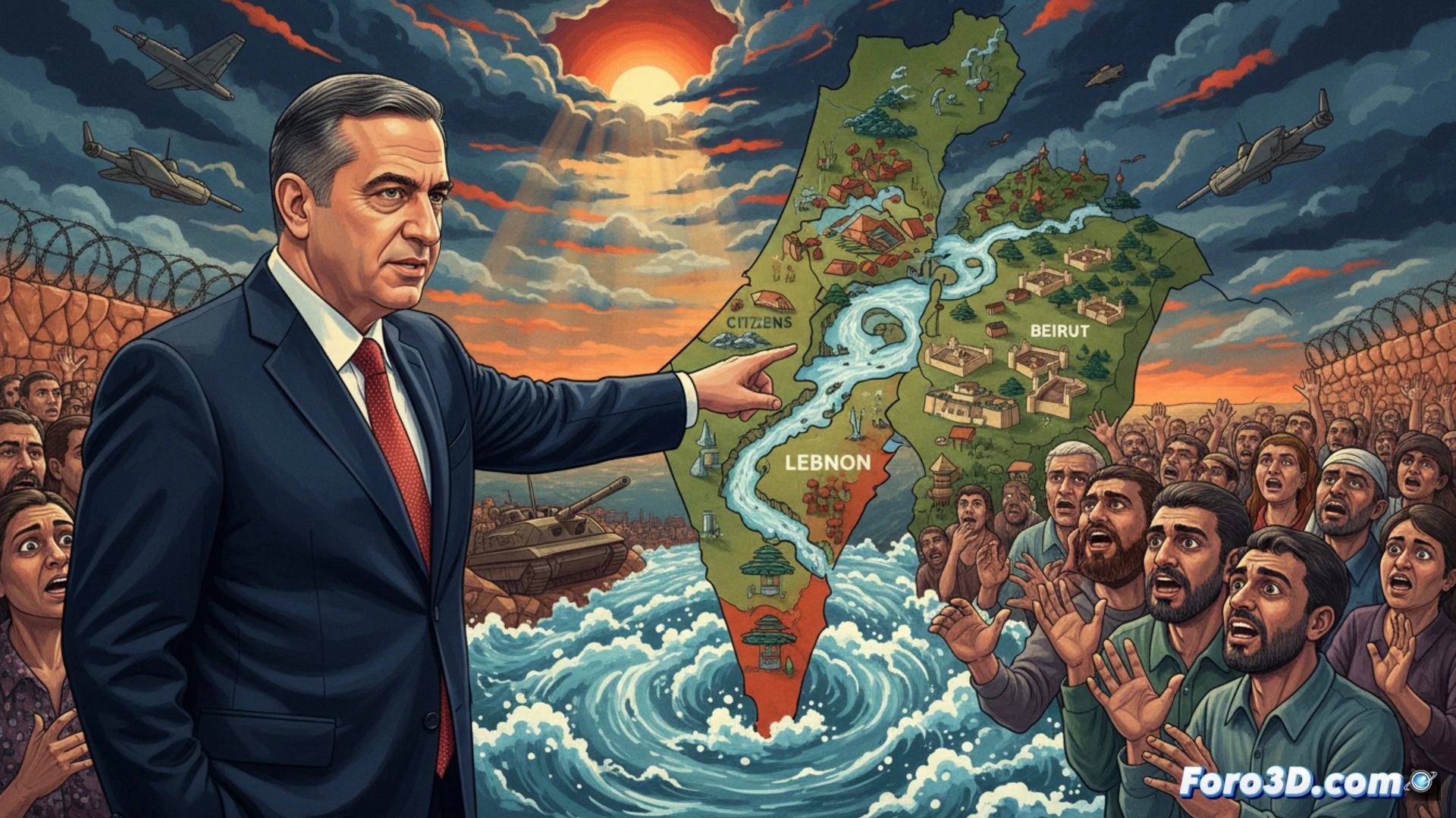3D model of the Litani River valley showing elevations, settlements, and possible defensive lines from an oblique aerial view.