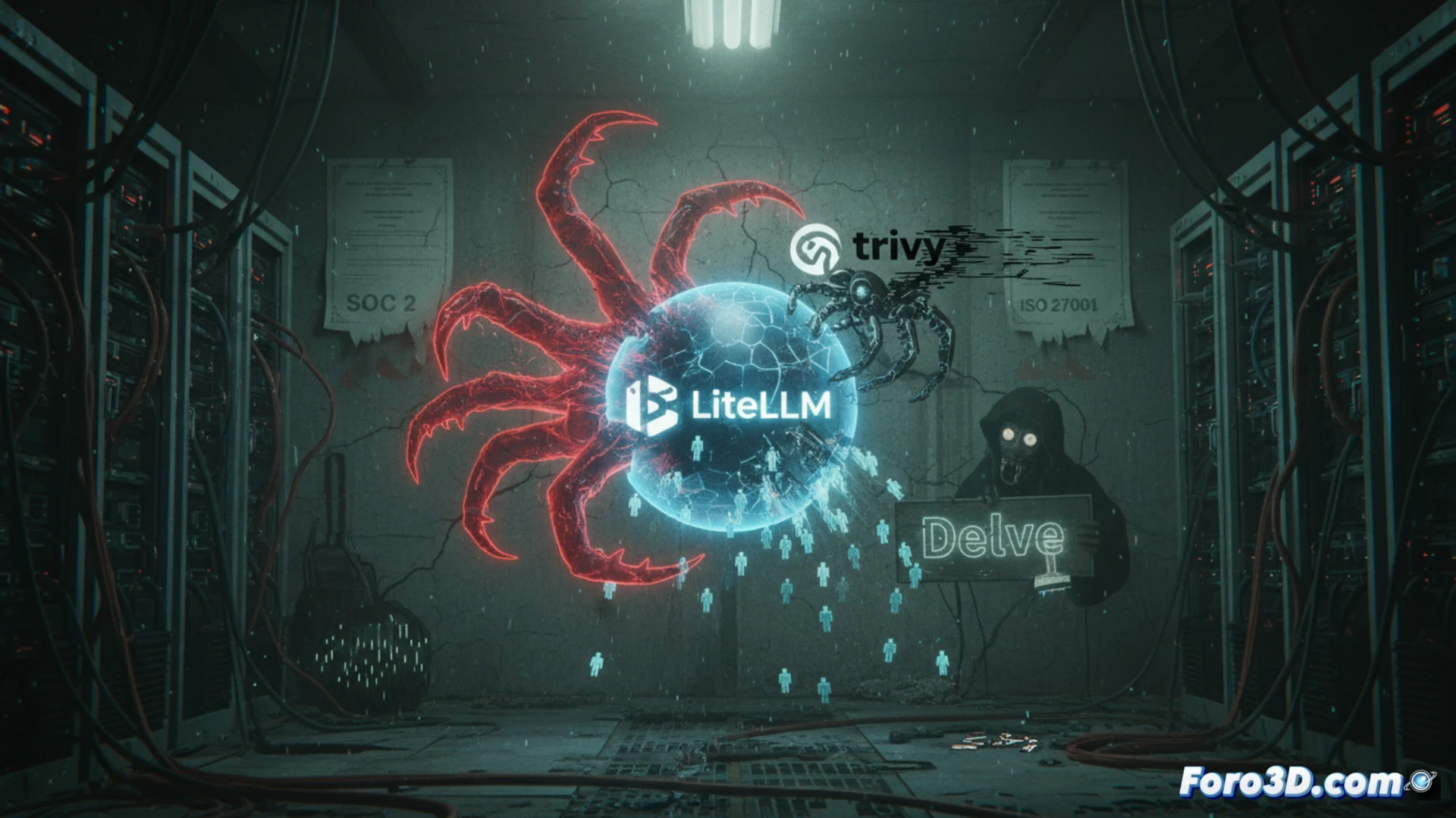 Un engranaje de IA roto con un sello de certificación agrietado superpuesto, simbolizando la vulnerabilidad de la cadena de suministro.