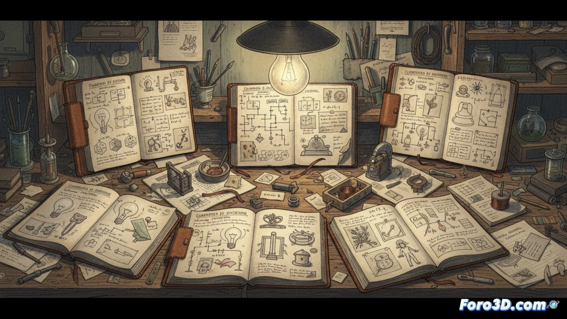 Fotografia en sepia de un cuaderno abierto de Edison con esquemas de un invento y anotaciones manuscritas detalladas.