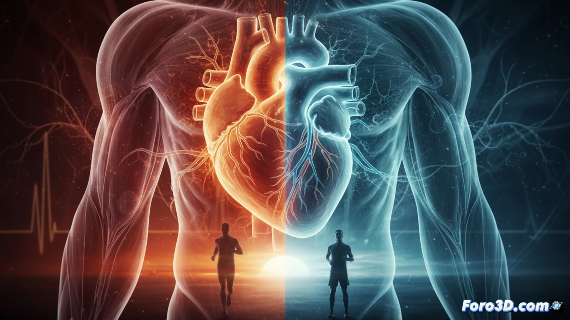 Modelo 3D de un corazón mostrando su recuperacion tras el esfuerzo de un maraton, con capas musculares y flujo sanguineo.