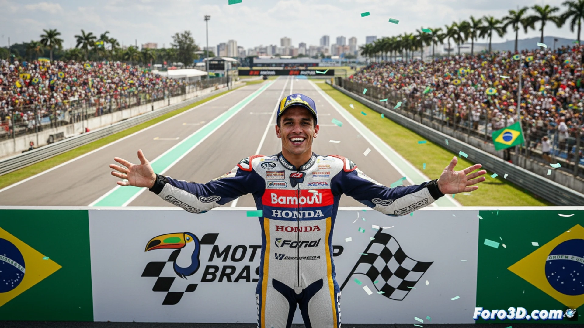 Marc Márquez, concentrado, observa el circuito de Goiania en un panel. A su alrededor, logos de MotoGP y Estrella Galicia 0,0. Expresión de determinación ante el regreso histórico a Brasil.