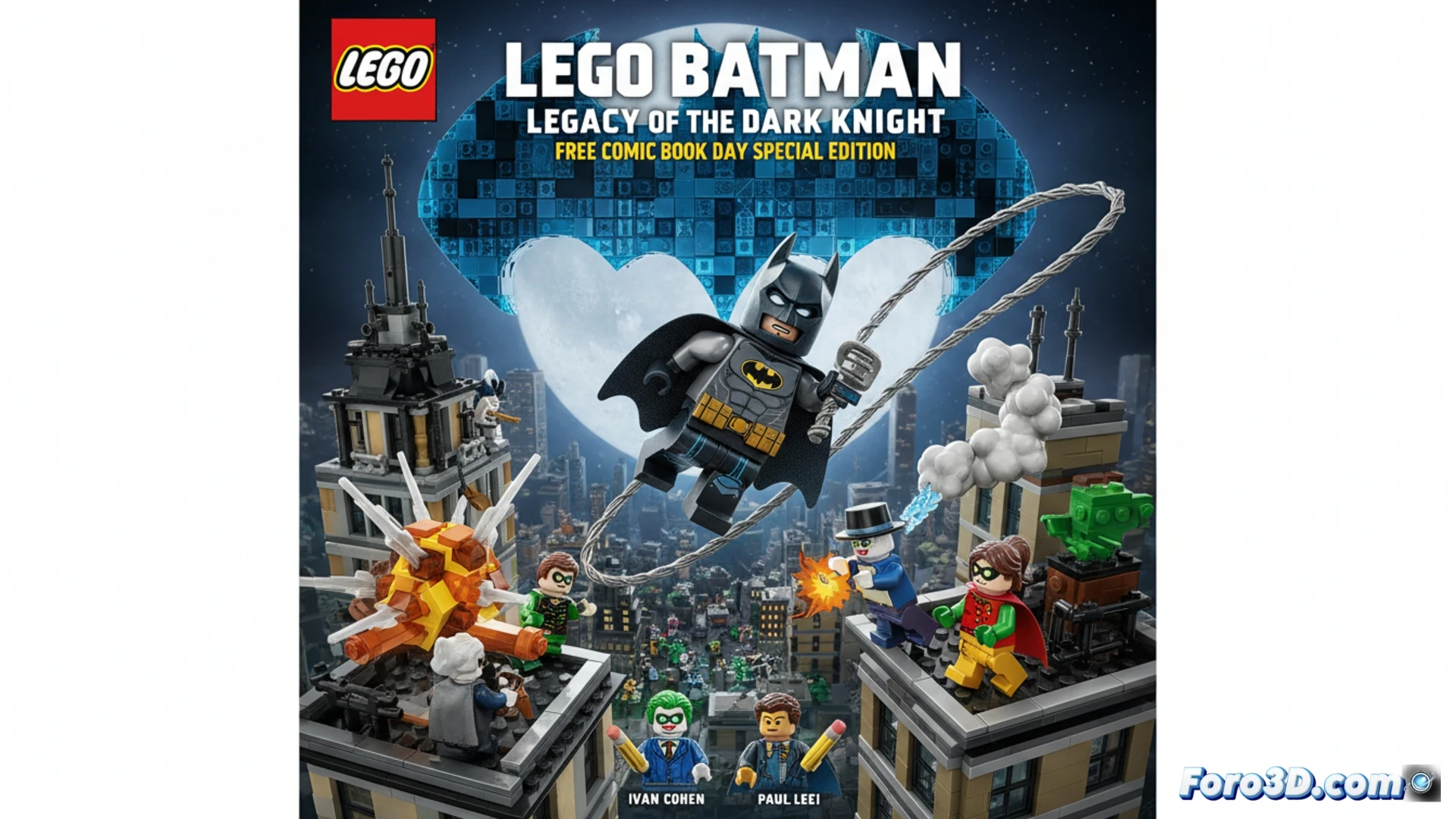 Cover of the promotional LEGO Batman comic showing the hero in a blocky style with vibrant colors.