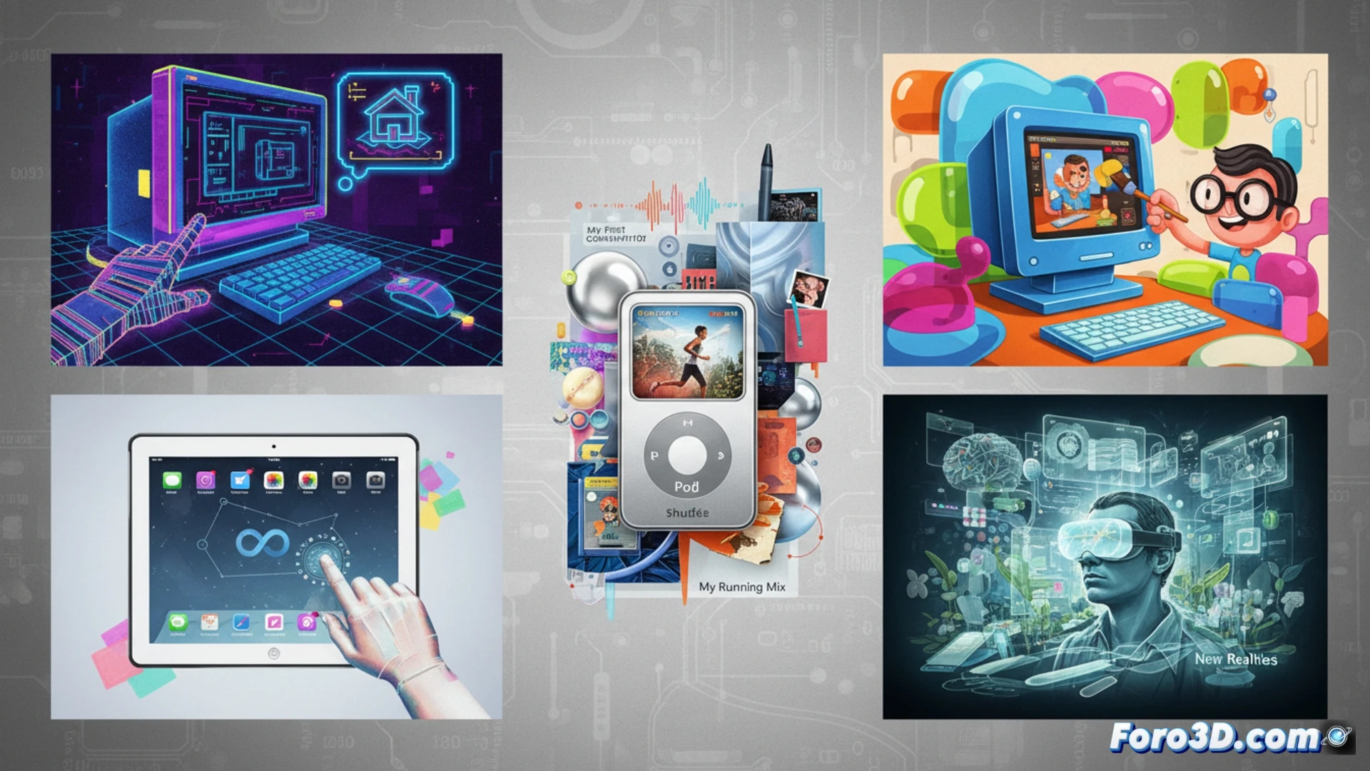 Collage digital maximalista con los productos mas iconicos de Apple, desde el Apple I hasta el iPhone, en un estilo retro y colorido.