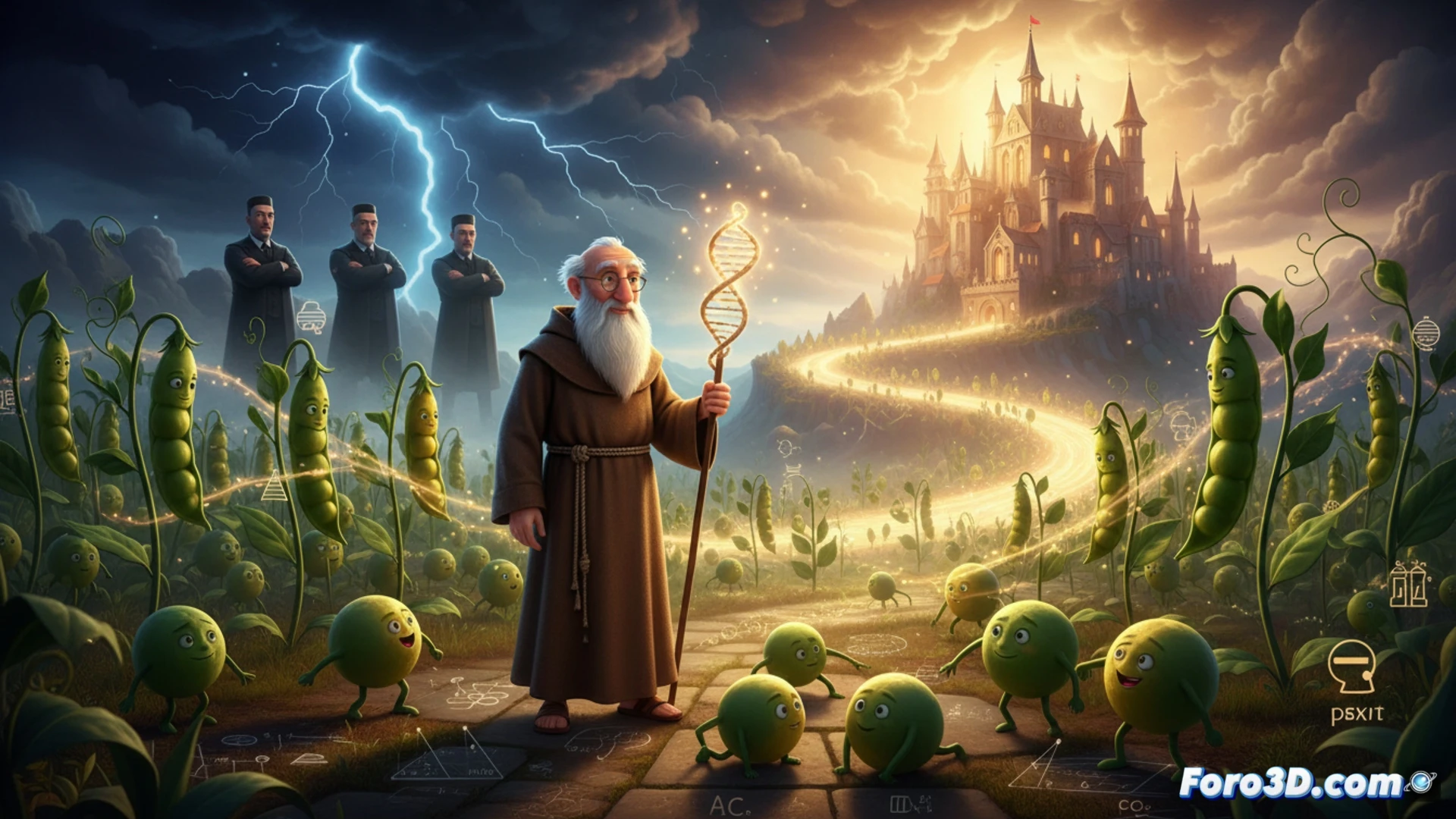Un Mendel animado observa guisantes 3D que brillan, mostrando rasgos dominantes y recesivos en un jardín mágico y tormentoso.
