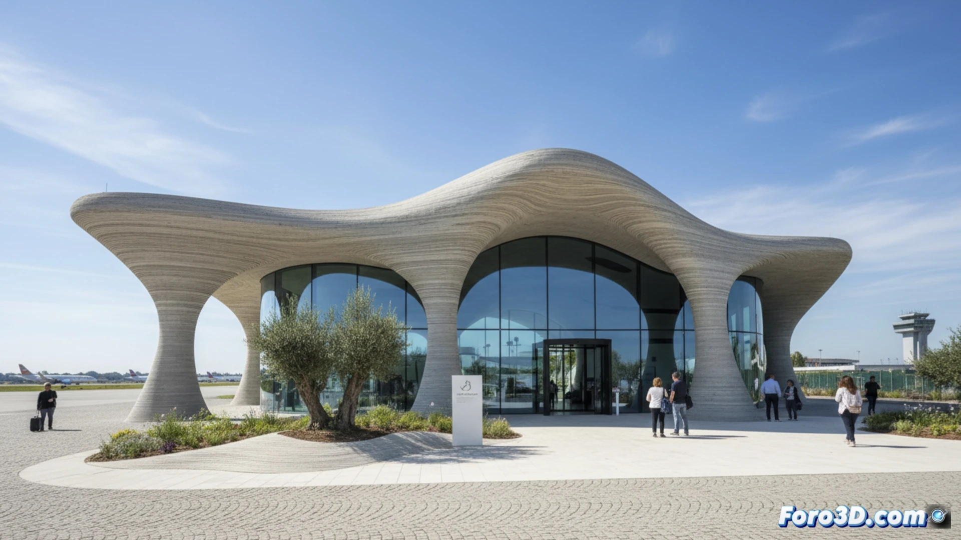 Edificio impreso en 3D en el aeropuerto de Milan Bergamo, con paredes de hormigon con patrones curvos.