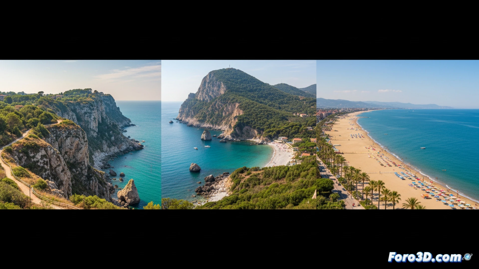 Modelo 3D de la costa italiana de Las Marcas, mostrando acantilados rocosos, playas y vegetacion, generado con datos LiDAR y fotogrametria.