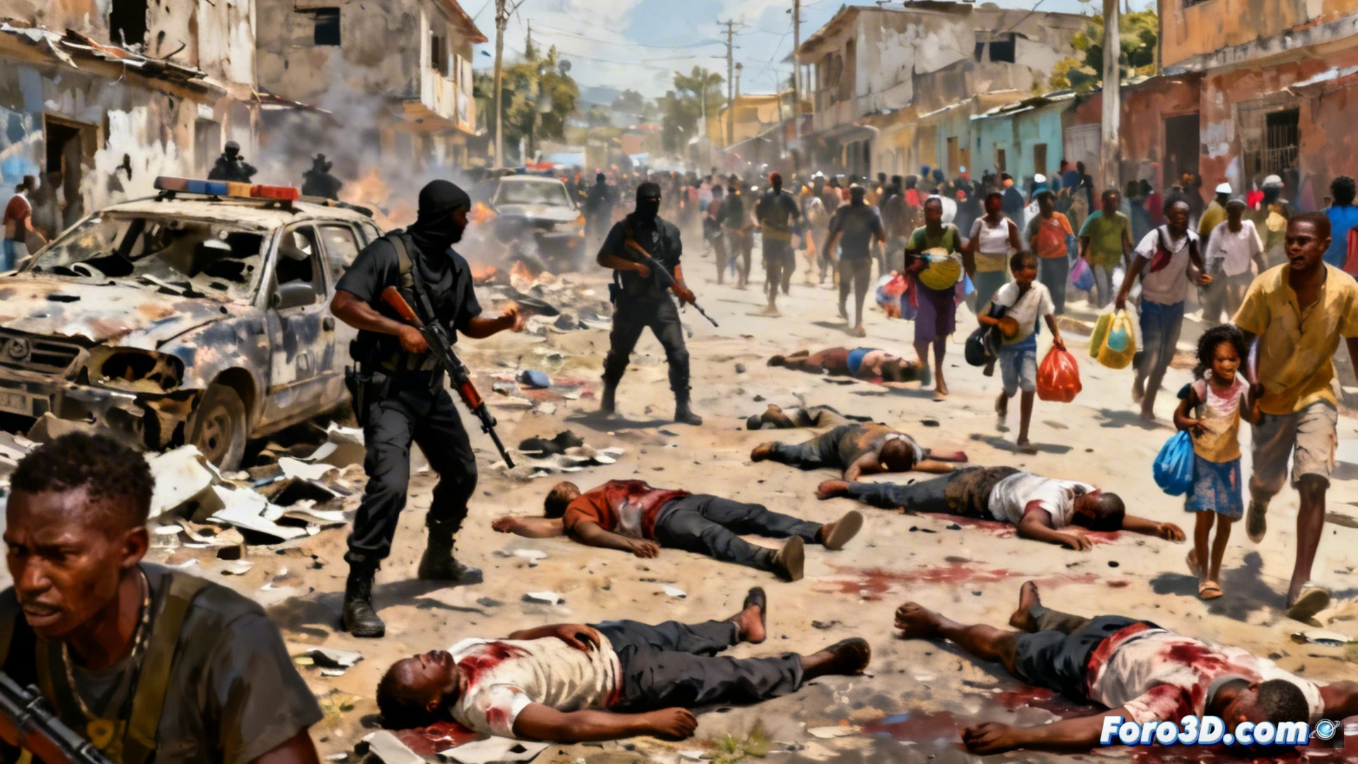 Modelado 3D de un asentamiento de desplazados en Haiti, mostrando densidad y precariedad desde una vista aerea.