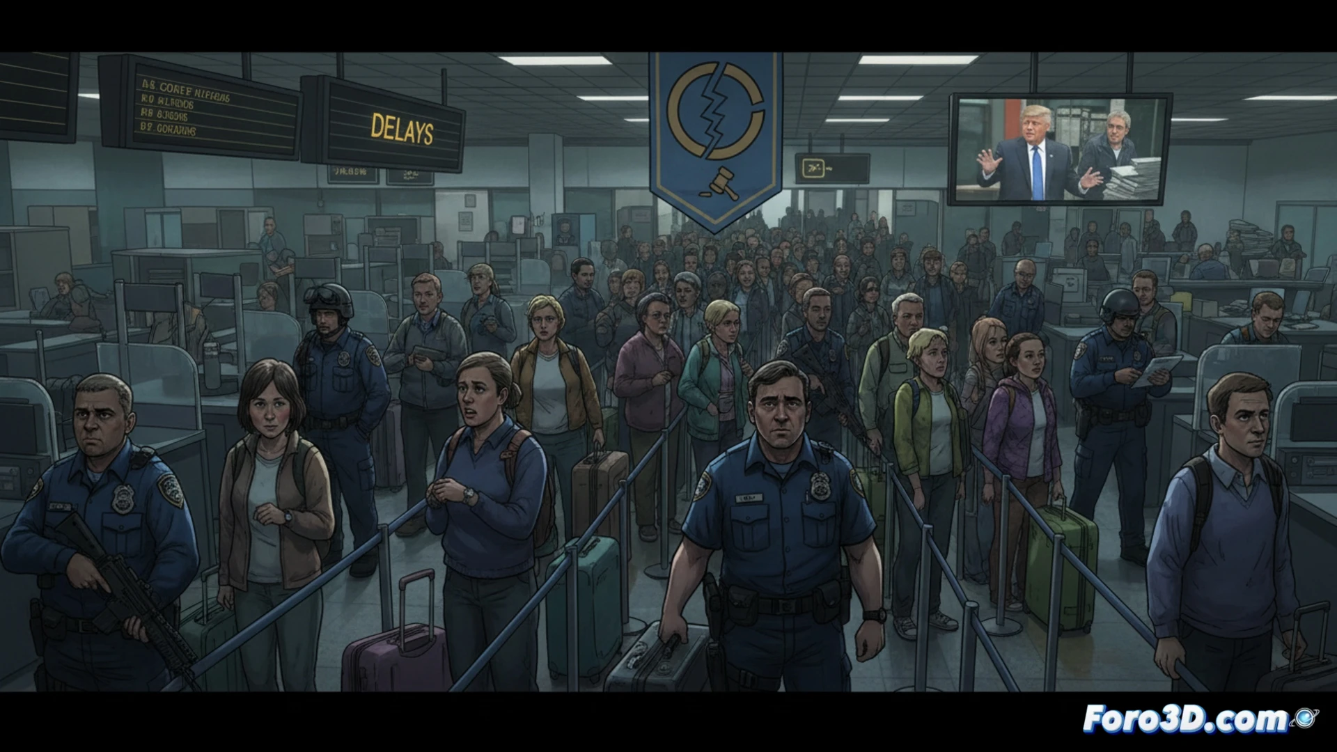 Modelo 3D de un engranaje gubernamental roto, con piezas bloqueadas representando al Senado, la Cámara y la Presidencia.