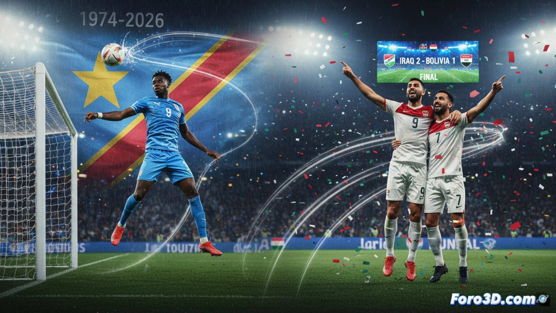 Representacion 3D de un estadio del Mundial 2026 con graficos superpuestos de analisis tactico y rutas de jugadores.