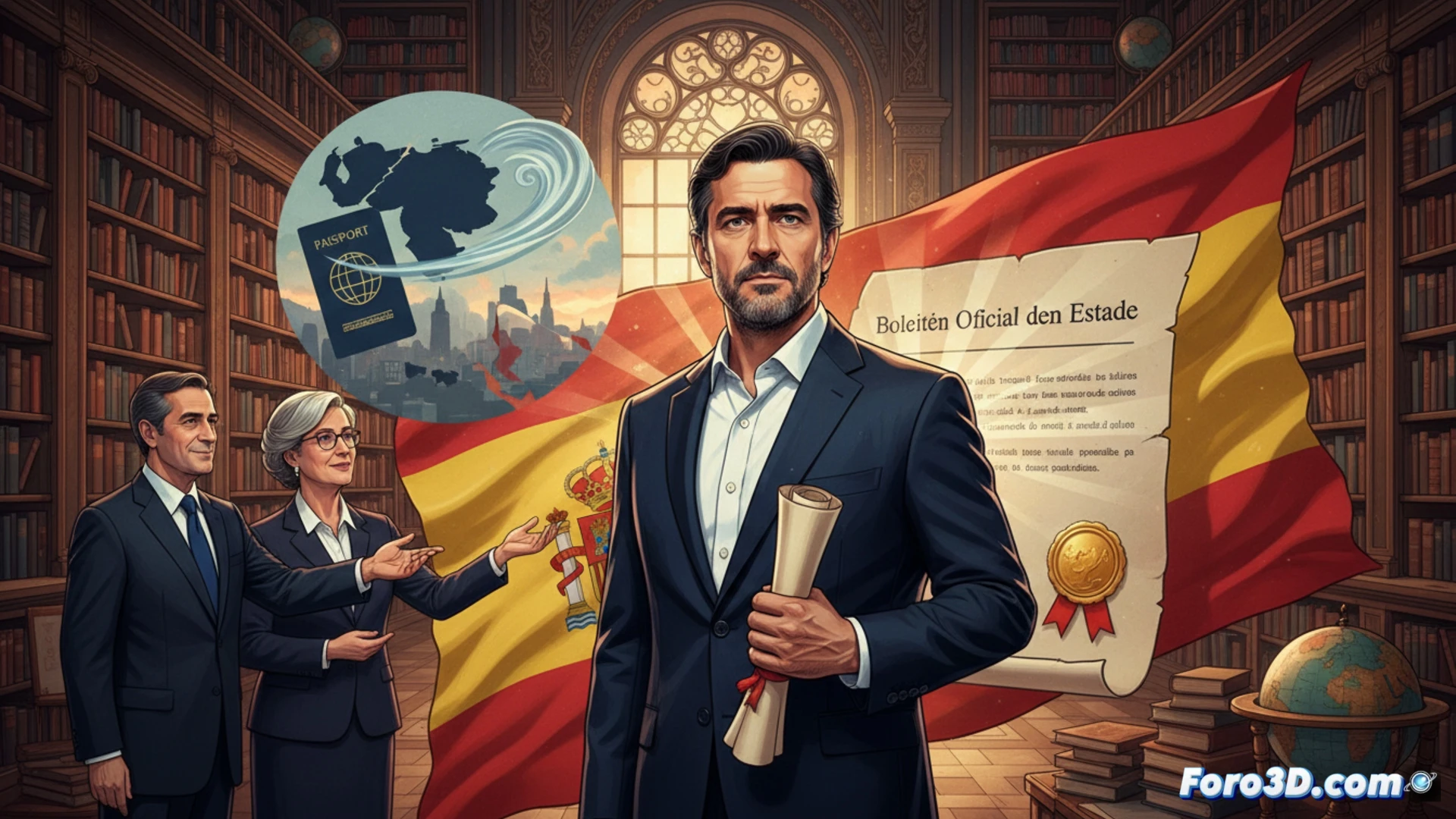 Modelo 3D de un pasaporte español abierto sobre un mapa politico, con simbolos de escudo y huella digital.