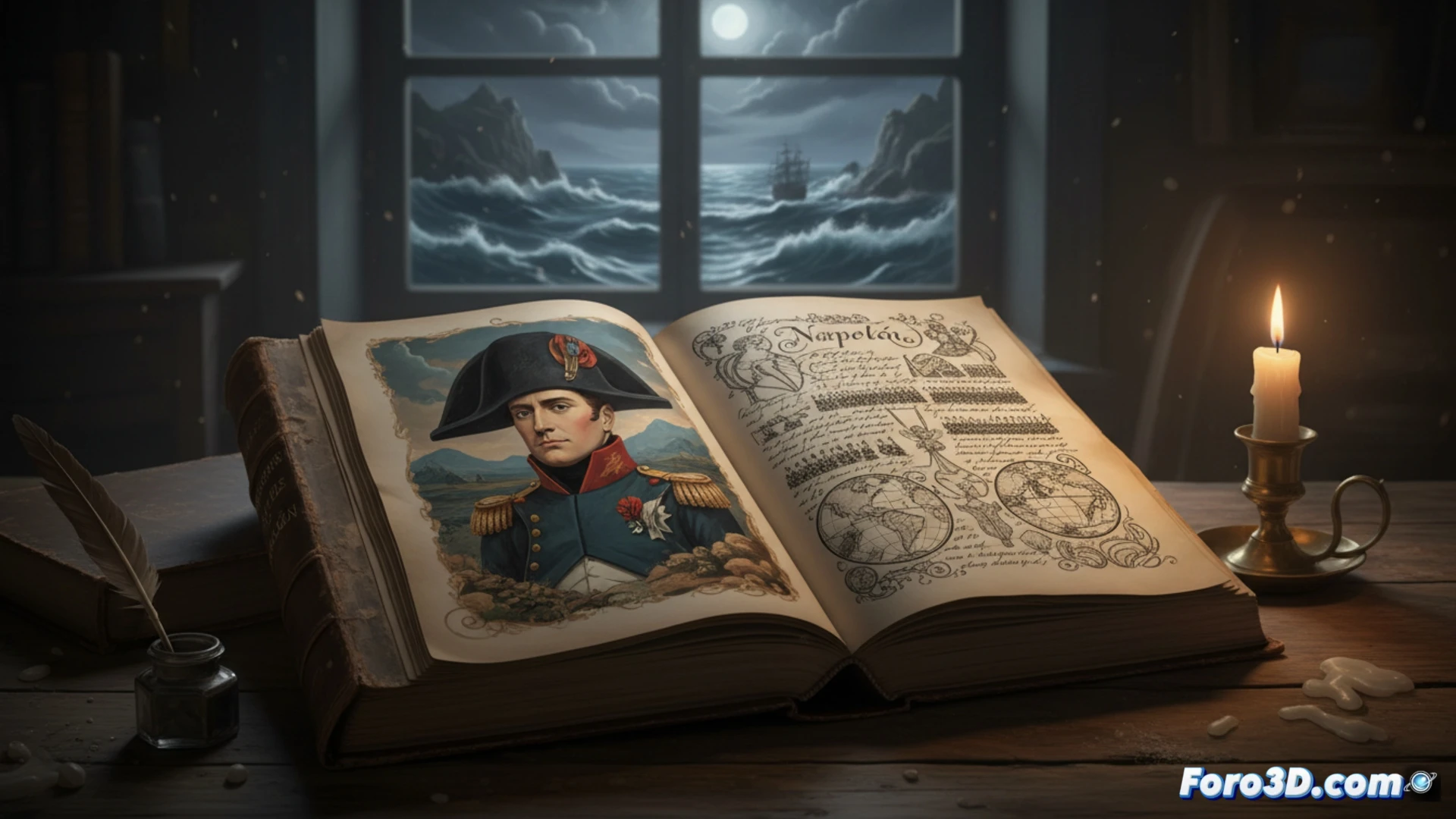 Modelo 3D de un mapa de Europa con rutas y batallas napoleónicas emergiendo de las páginas de un libro antiguo.