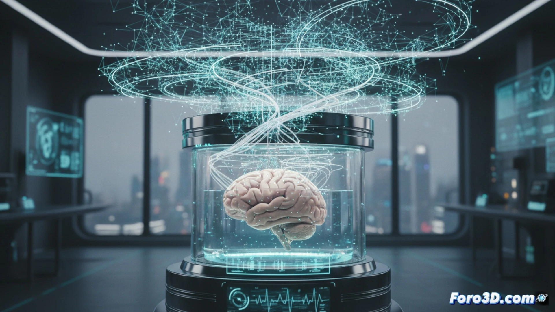 Human brain preserved in transparent resin, with fine threads of digital light traversing its neuronal structure.