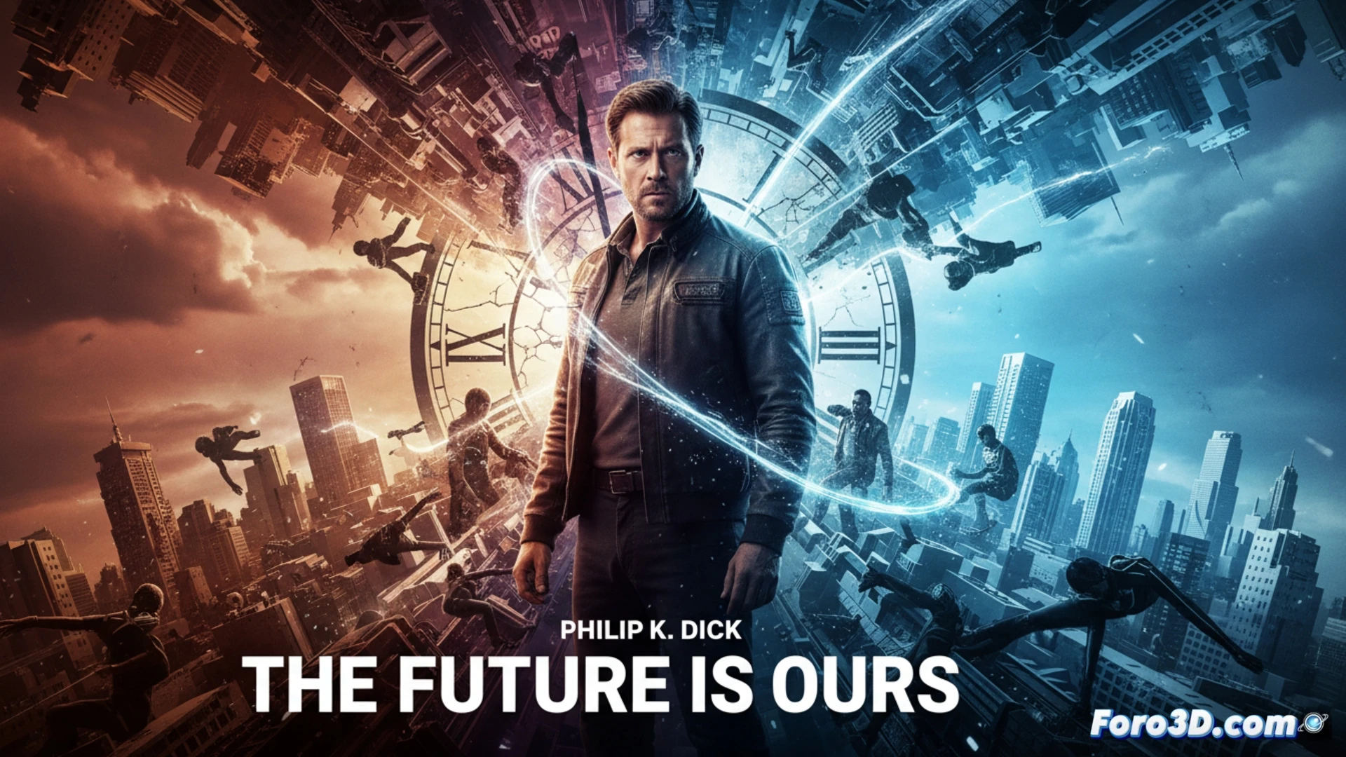 Un hombre contempla visiones de futuro en una ciudad distópica, mientras multitudes lo siguen como a un profeta.