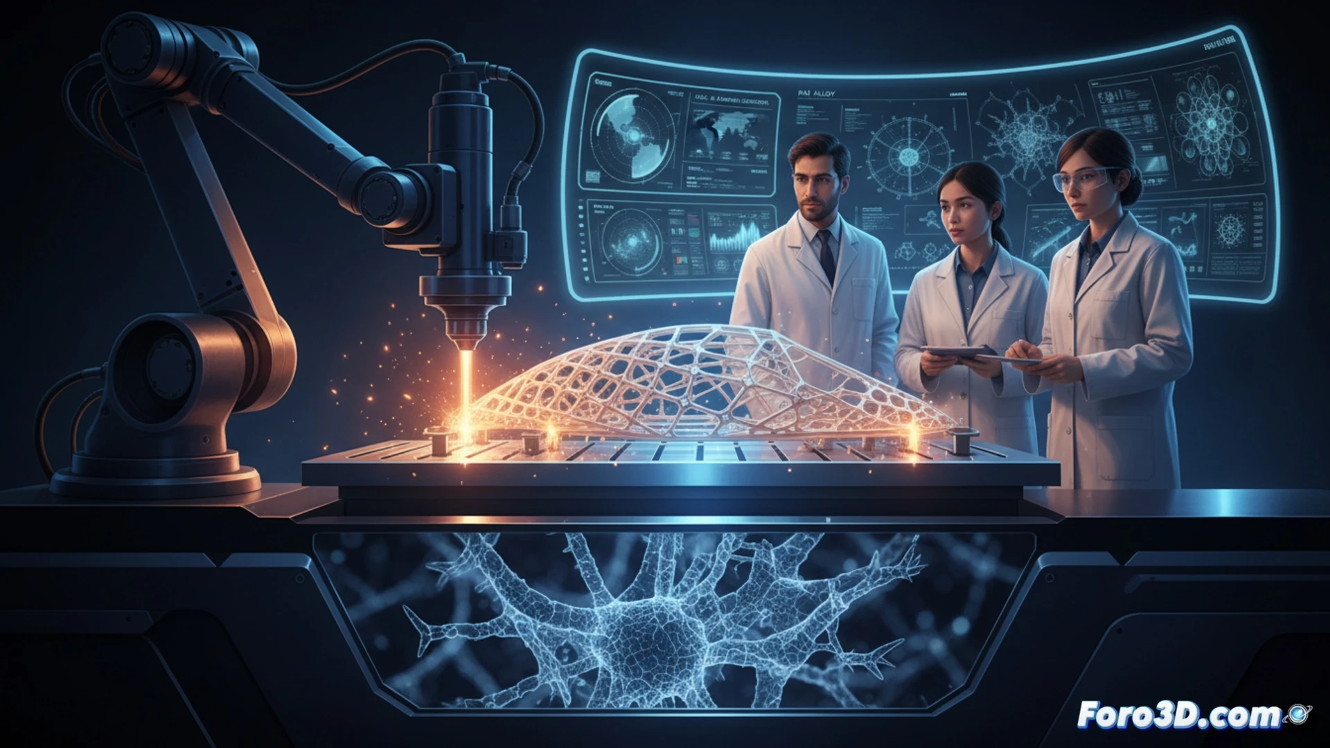 Bobina de filamento metalico de impresion 3D junto a un modelo 3D de un dron de reconocimiento militar.