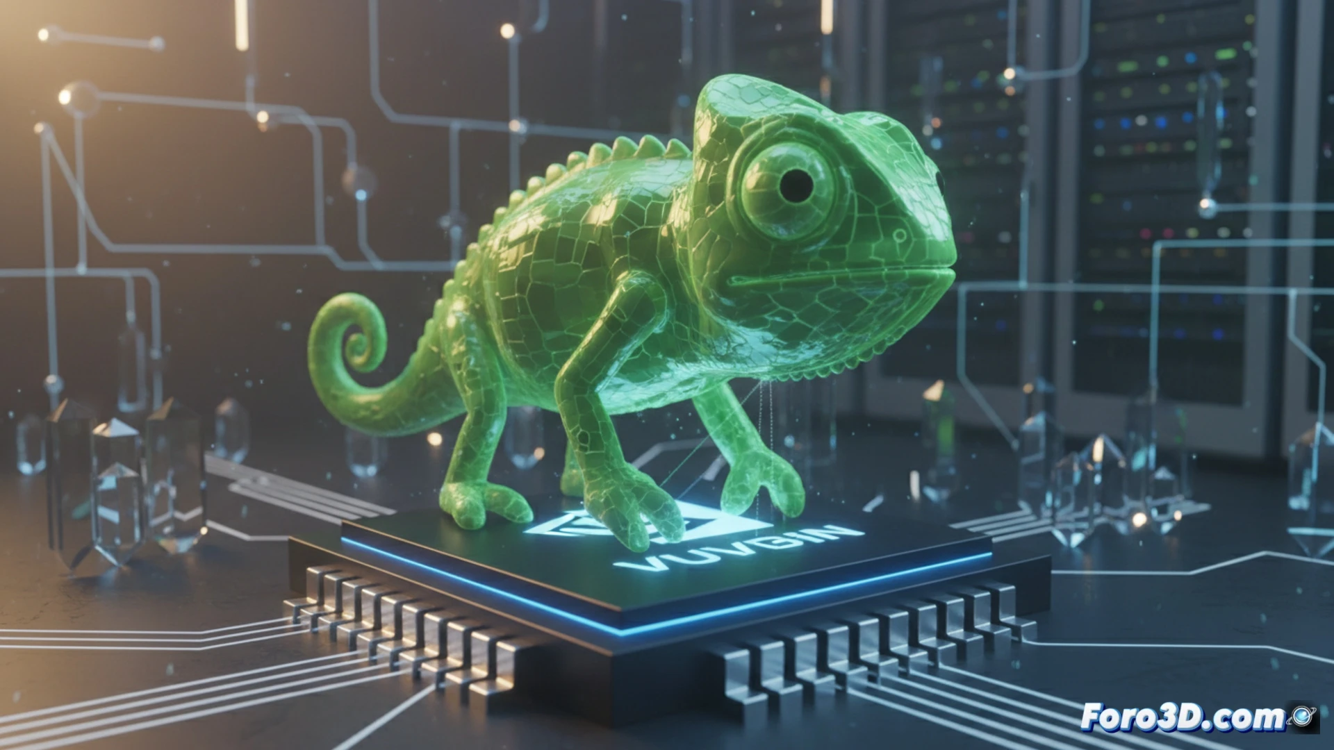 Un desarrollador explora el código de Godot en su ordenador, con ventanas que muestran diagramas de trazado de rayos y el logotipo de NVIDIA y Vulkan reflejados en sus gafas.