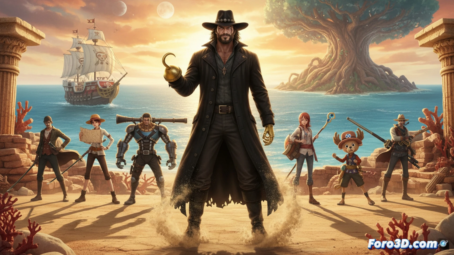 Luffy y su tripulacion en el Going Merry, mirando hacia el horizonte con determinacion.