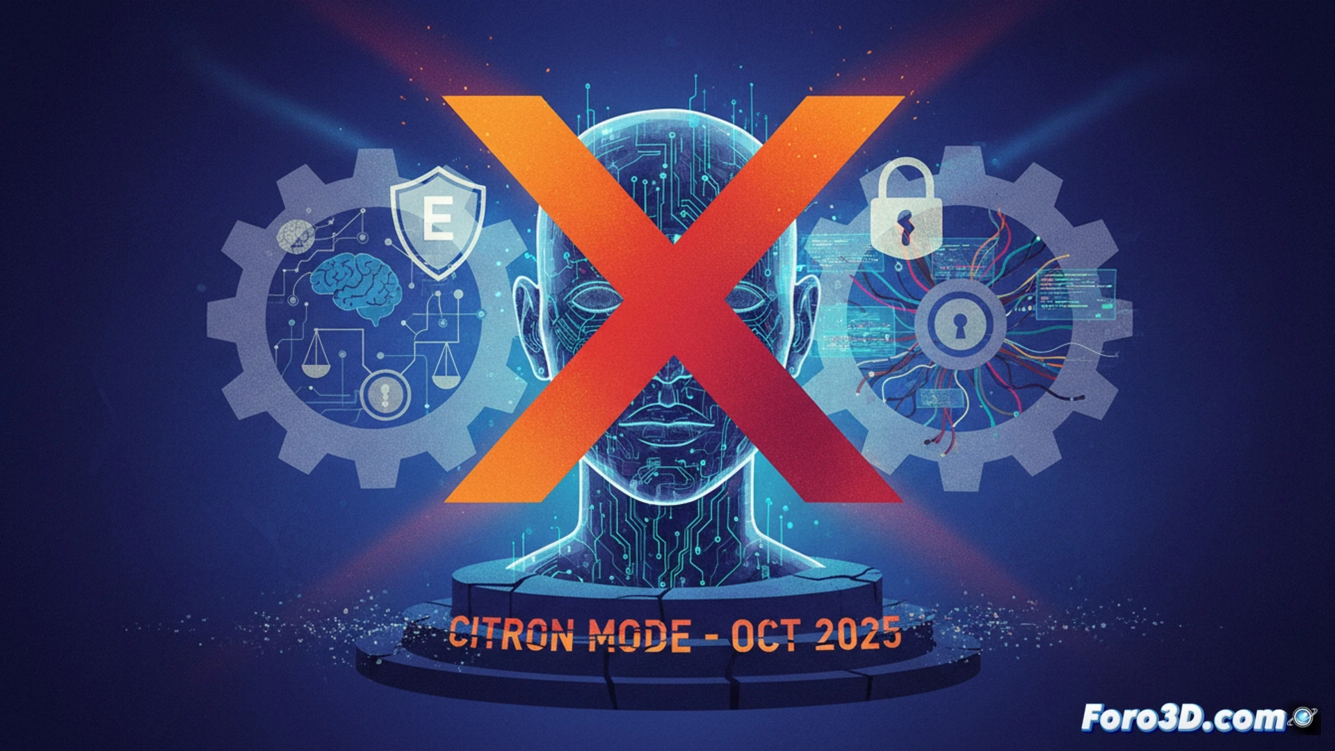 Logo de OpenAI junto a un chatbot con un simbolo de prohibicion superpuesto, fondo de circuitos digitales.