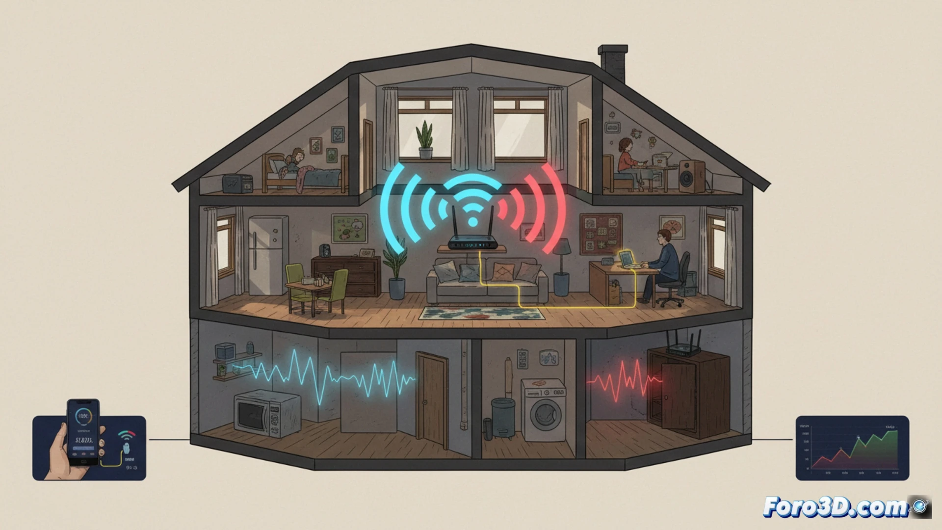 Router moderno y ordenador en un estudio de 3D, con iconos de velocidad de red y modelos 3D complejos flotando.