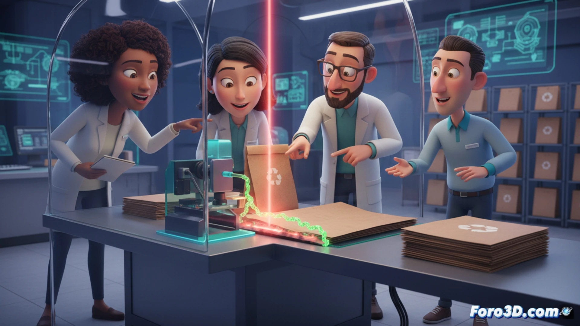 Maquina laser sellando un envase de papel, fusionando las solapas sin usar adhesivos ni plasticos.