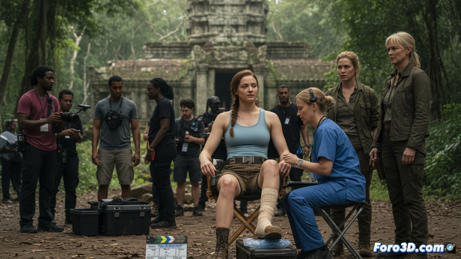 Sophie Turner como Lara Croft en un set de rodaje, con un fondo de pantallas verdes y equipo de filmación.