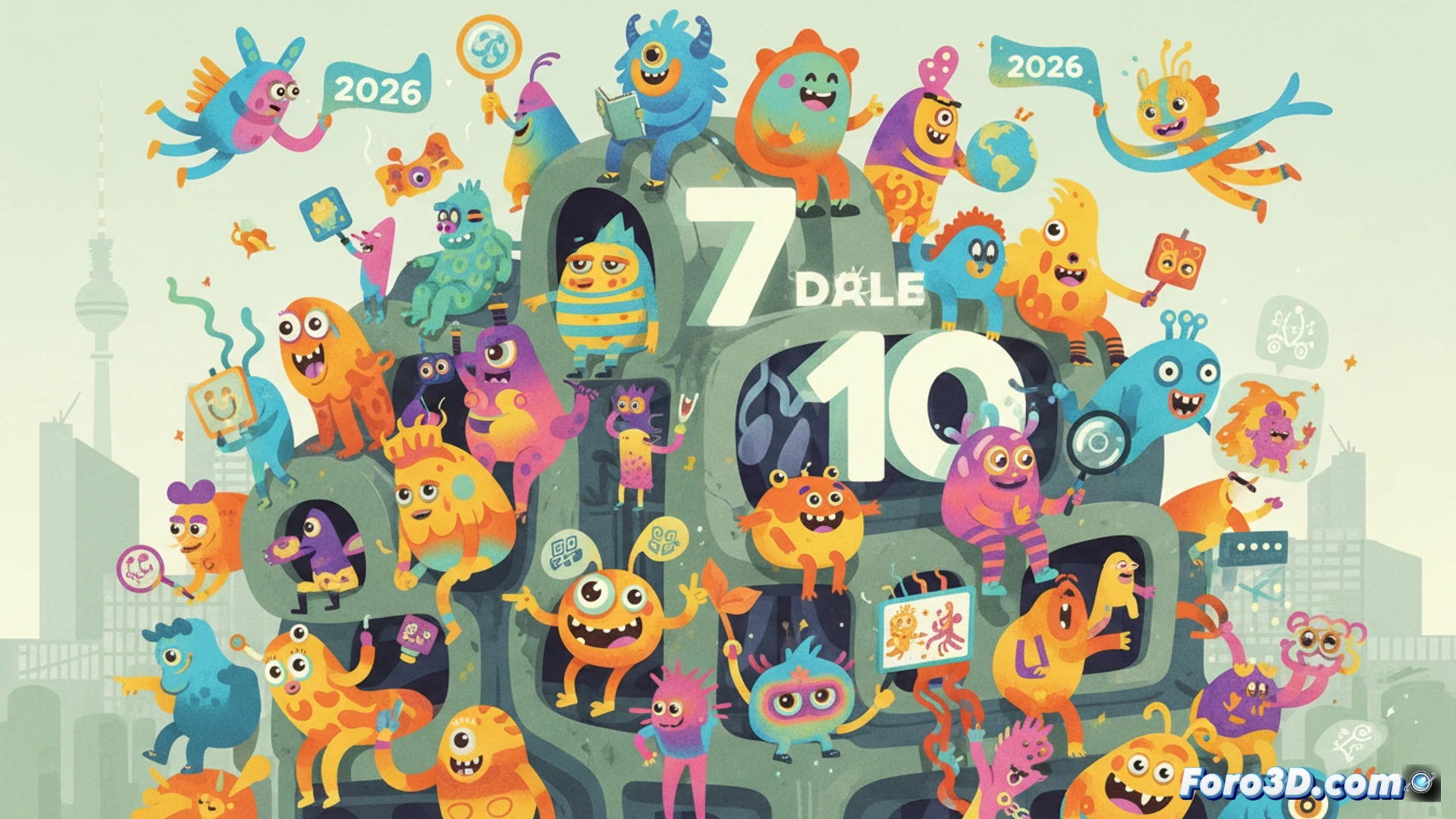 Fachada del complejo cultural Silent Green en Berlin, sede de Pictoplasma, con proyecciones de personajes animados y creativos entrando.