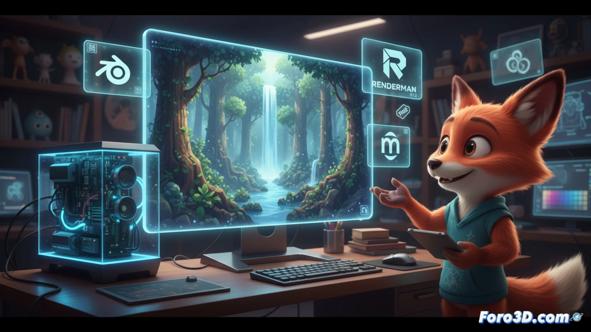 RenderMan 27.2 en acción: una interfaz 3D con un modelo renderizado en alta calidad, mostrando el logo de Pixar y los iconos de Blender, Maya, Houdini y Katana.