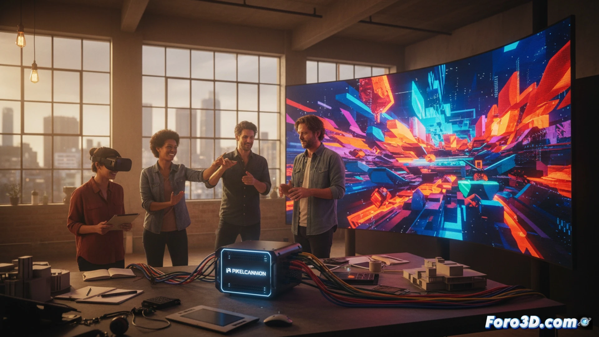 Servidor PixelCannon renderizando graficos 3D complejos sobre una gran pantalla LED curva para un evento en vivo.