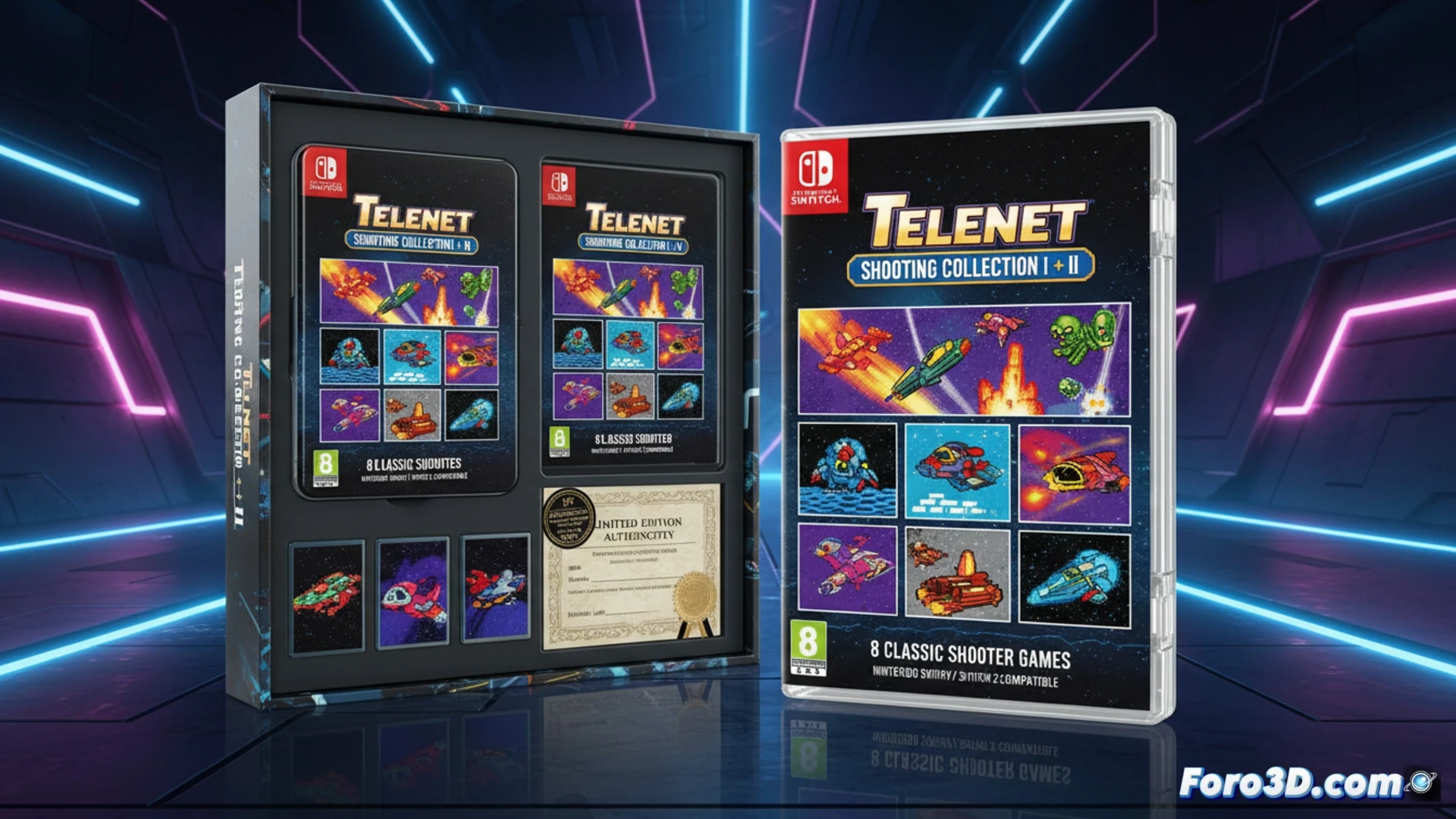 Caratula de la coleccion fisica Telenet Shooting para Nintendo Switch mostrando naves espaciales y logos retro.