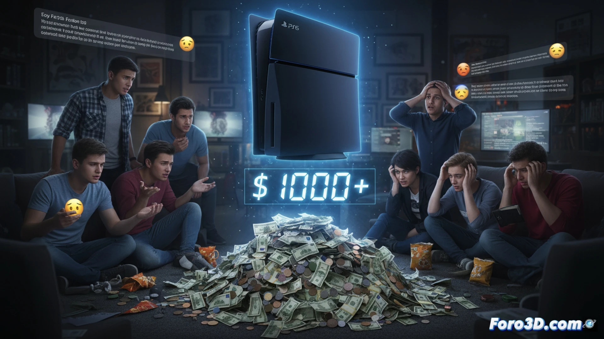 Consola PlayStation 6 sobre fondo oscuro con graficos de desarrollo de videojuegos flotando a su alrededor.