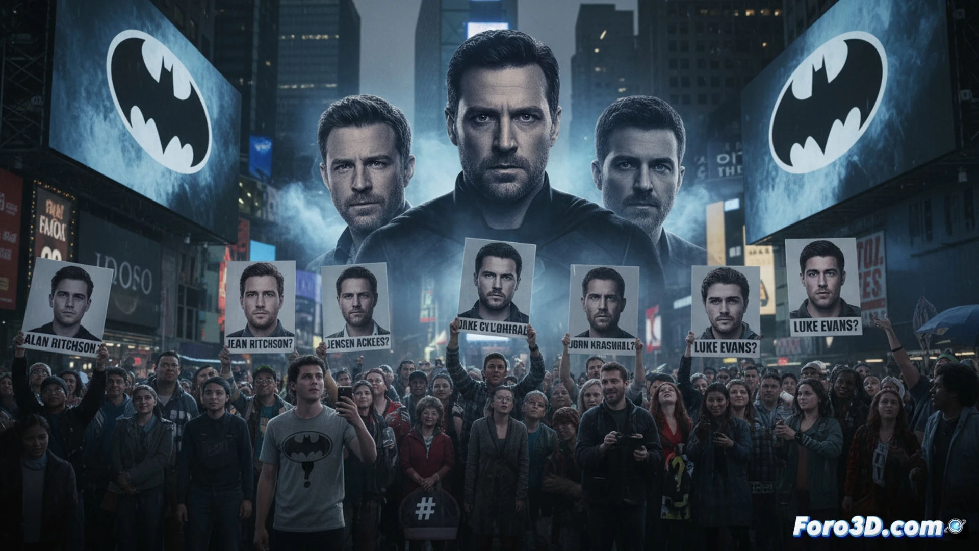 Director Andy Muschietti evaluando en pantalla un modelo 3D de Batman en un entorno virtual de Gotham City.