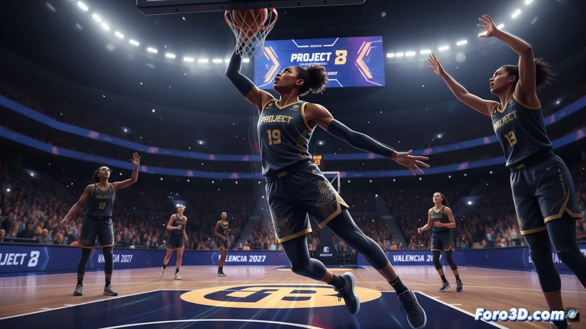 Awa Fam en cancha con holograma 3D de movimiento y datos de juego superpuestos.