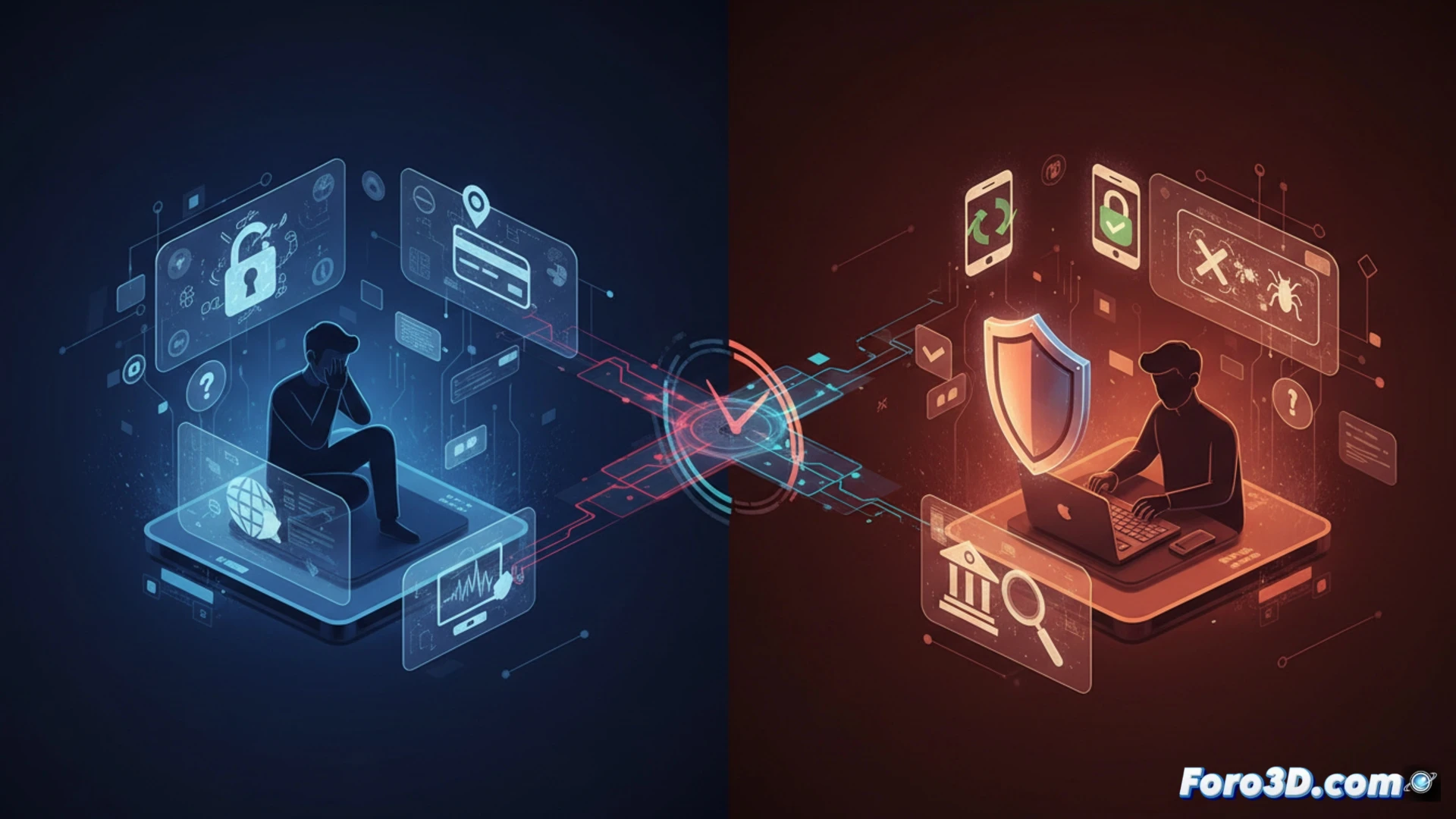 Persona verificando alertas de seguridad en múltiples dispositivos digitales con expresión de concentración.