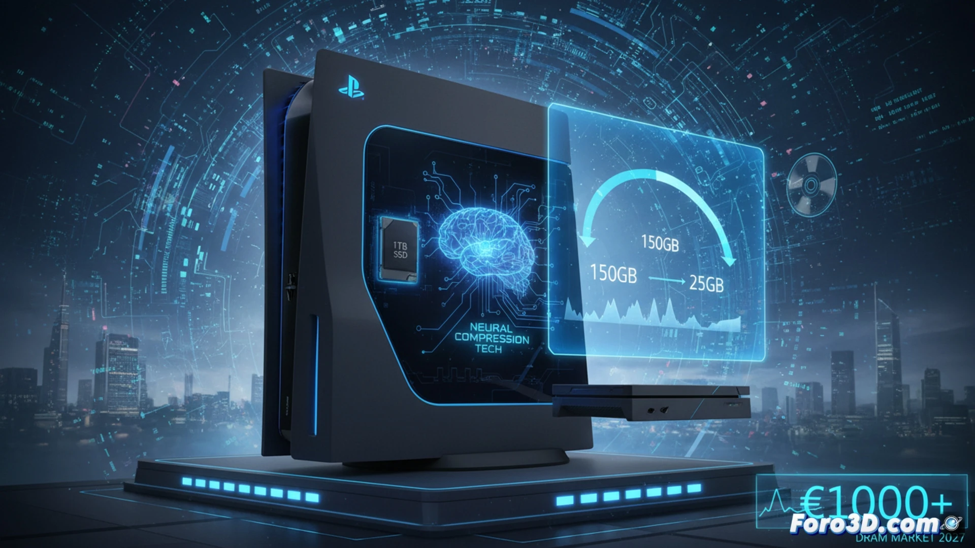 Consola de videojuegos futurista junto a un modelo 3D complejo en un software de diseño, simbolizando la interseccion entre gaming y trabajo profesional.