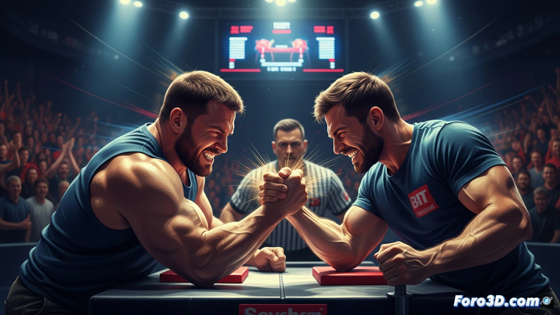 Analisis 3D de un brazo durante un pulso, mostrando vectores de fuerza, activacion muscular y puntos de apoyo.