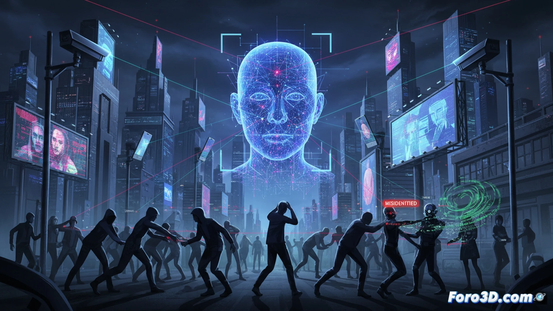 Un ojo digital sobre un mosaico de rostros diversos, simbolizando vigilancia y sesgo algorítmico.