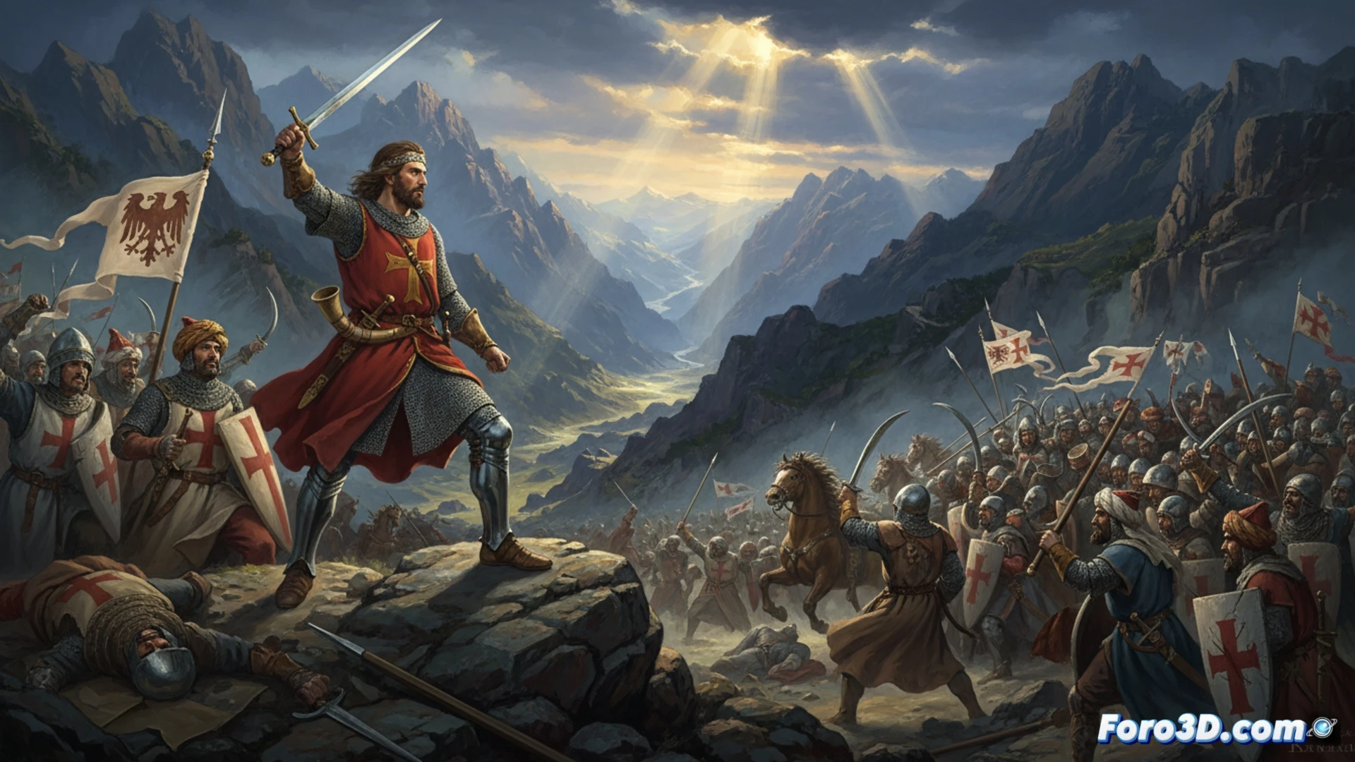 Reconstruccion 3D del paisaje de Roncesvalles en la epoca de la batalla, basada en el Cantar de Roldan y datos arqueologicos.