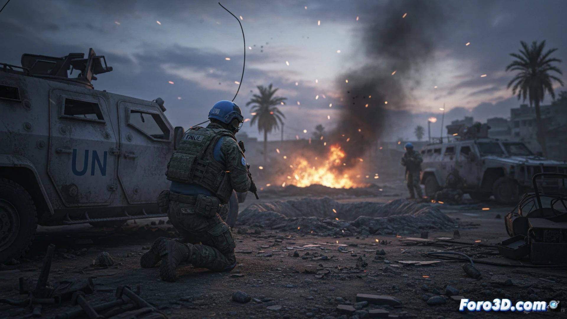 Reconstruccion 3D del vehiculo de la FINUL destruido en el ataque, mostrando el impacto y el area circundante.