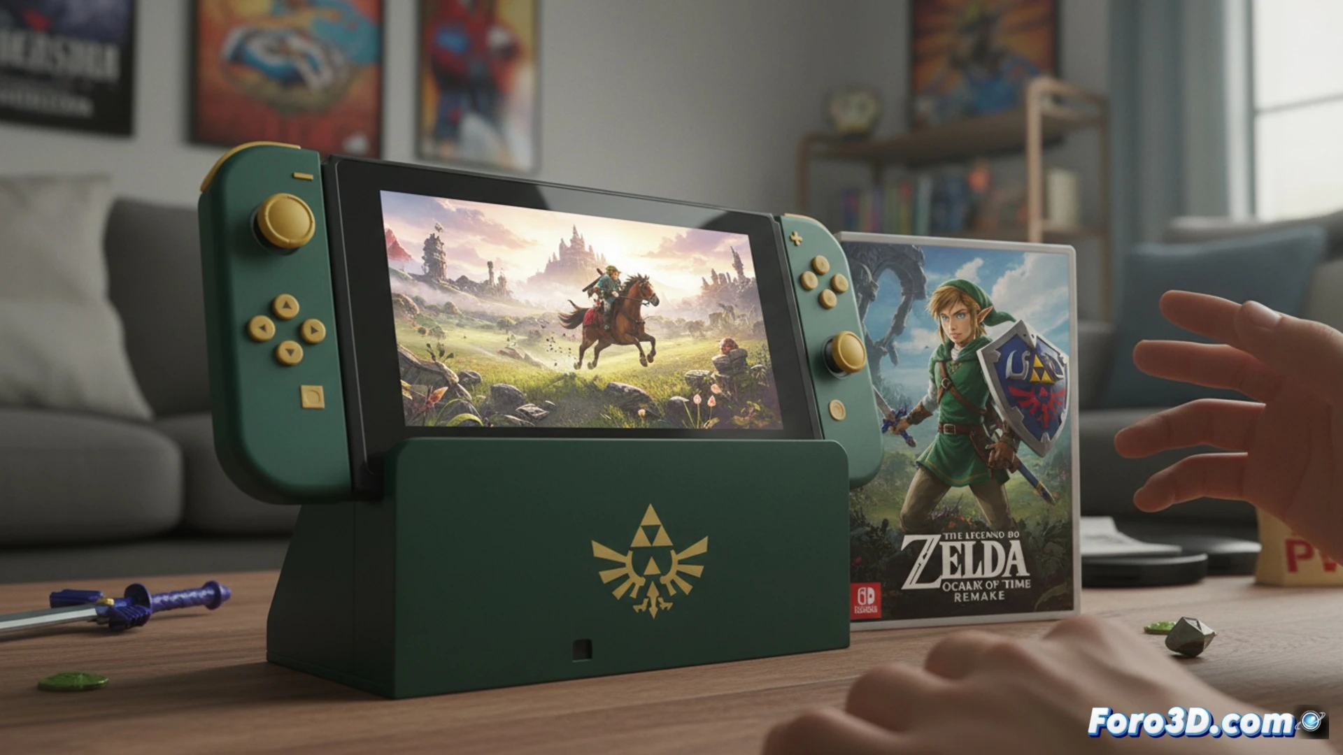 Portada del remake de Ocarina of Time junto al logo de Nintendo Switch 2, mostrando graficos modernizados.