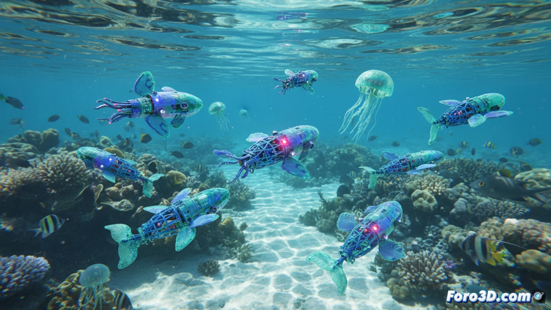 Bioinspired microrobot printed in 3D, similar to an aquatic organism, swimming in a liquid medium.