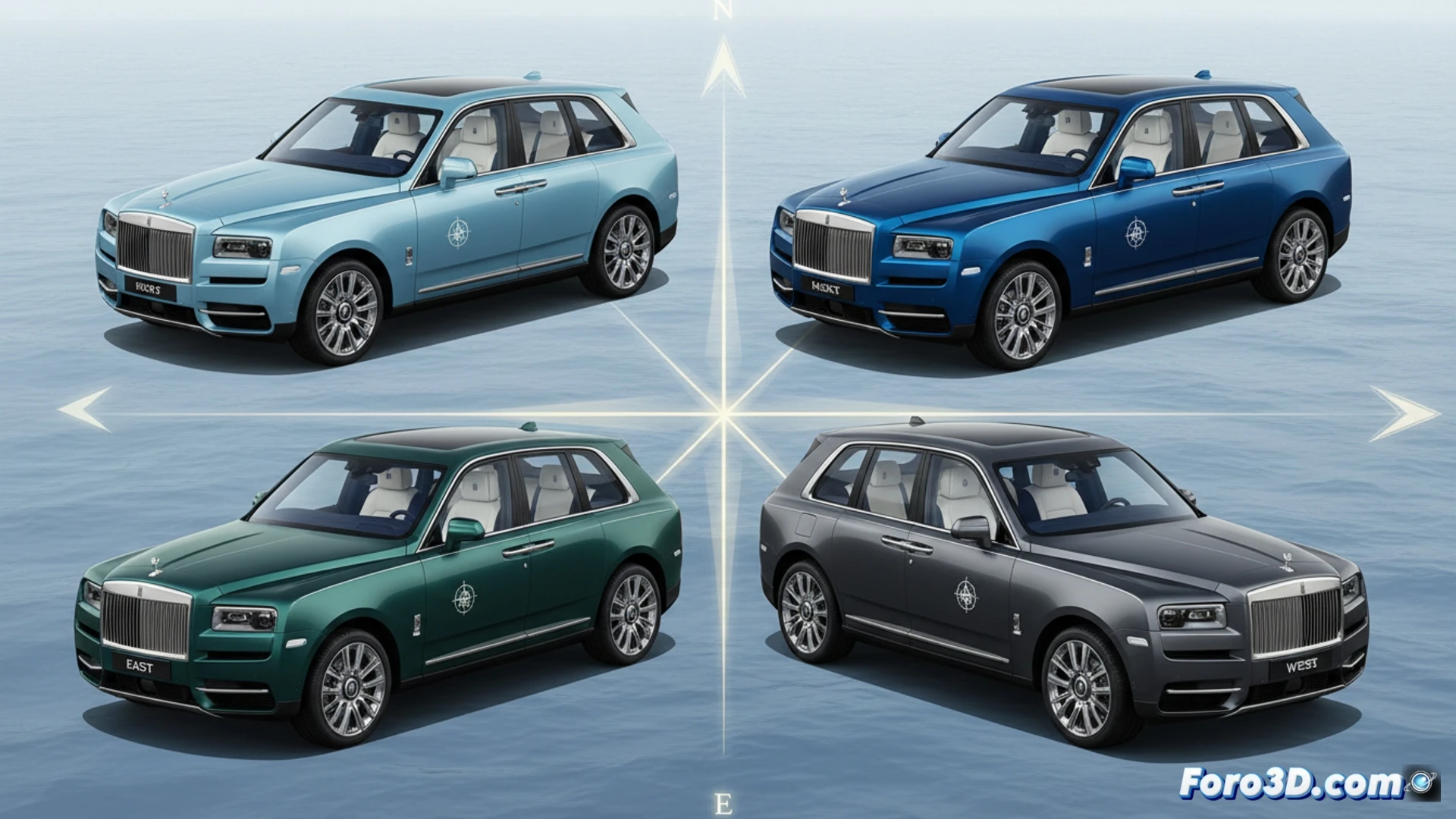 Cuatro Rolls-Royce Cullinan personalizados con colores que representan los puntos cardinales, sobre un fondo de diseño 3D náutico.