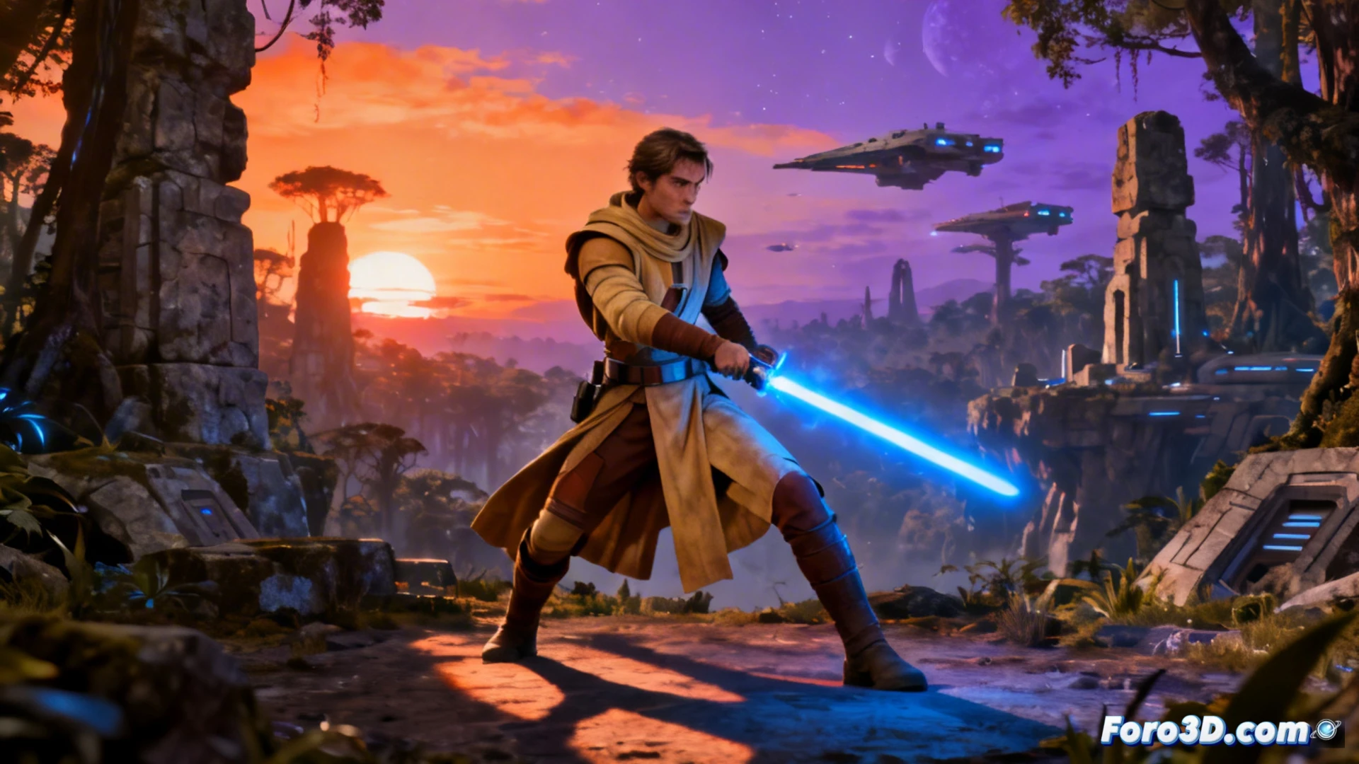 Cal Kestis con sable de luz azul observa un horizonte estelar, anticipando una nueva aventura Jedi.