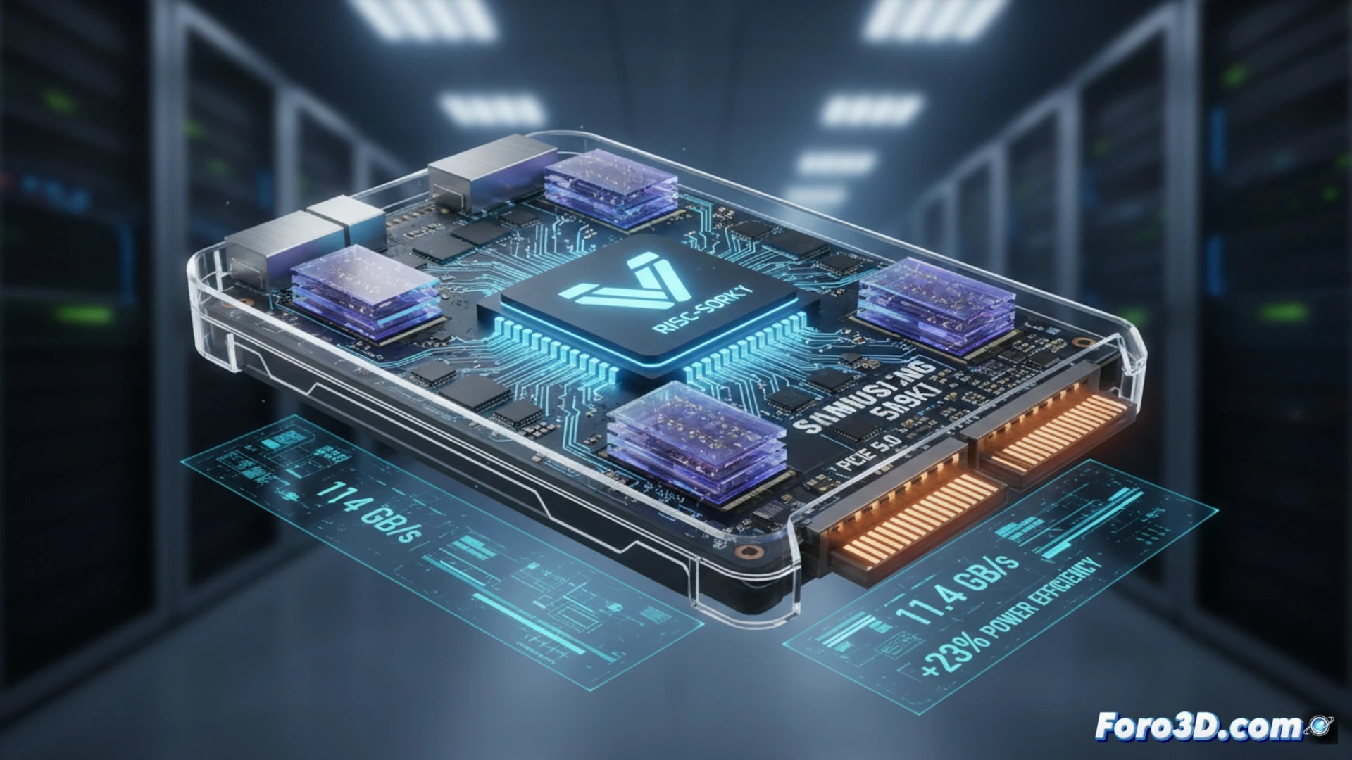 Primer plano del SSD Samsung BM9K1, con chips de memoria y disipador, sobre un fondo de una escena 3D compleja renderizandose.