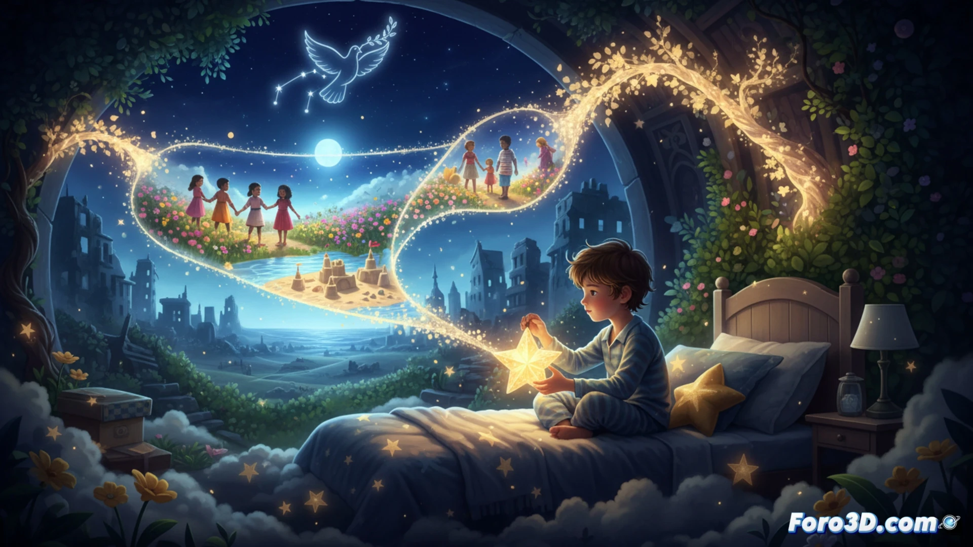 Un niño, bajo un cielo estrellado roto, extiende la mano hacia una esfera luminosa que reconstruye su mundo en animación 3D.