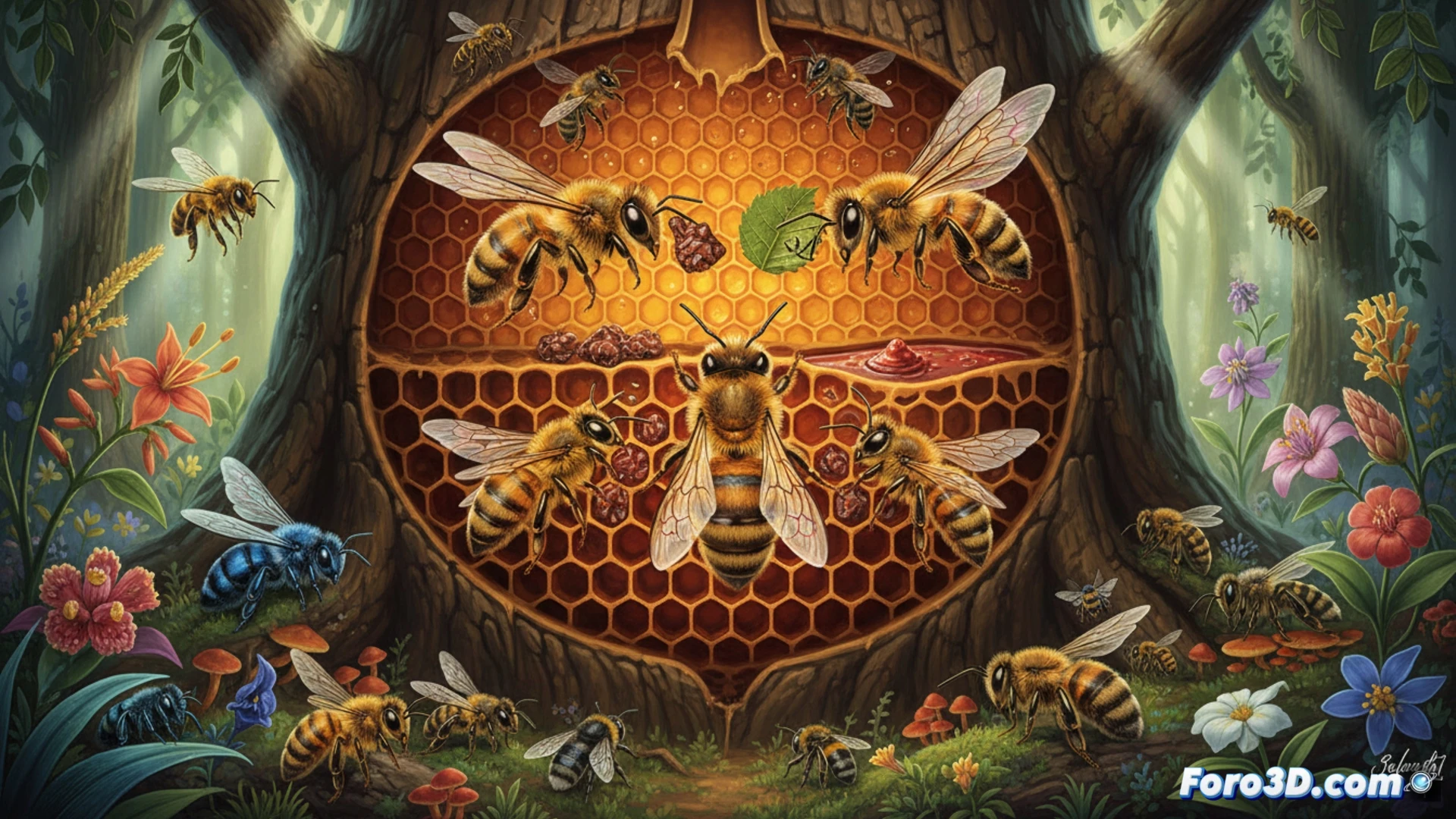 Abeja melifera en vuelo, con detalles anatomicos y trayectoria de particulas de polen, renderizada en 3D para visualizacion cientifica.